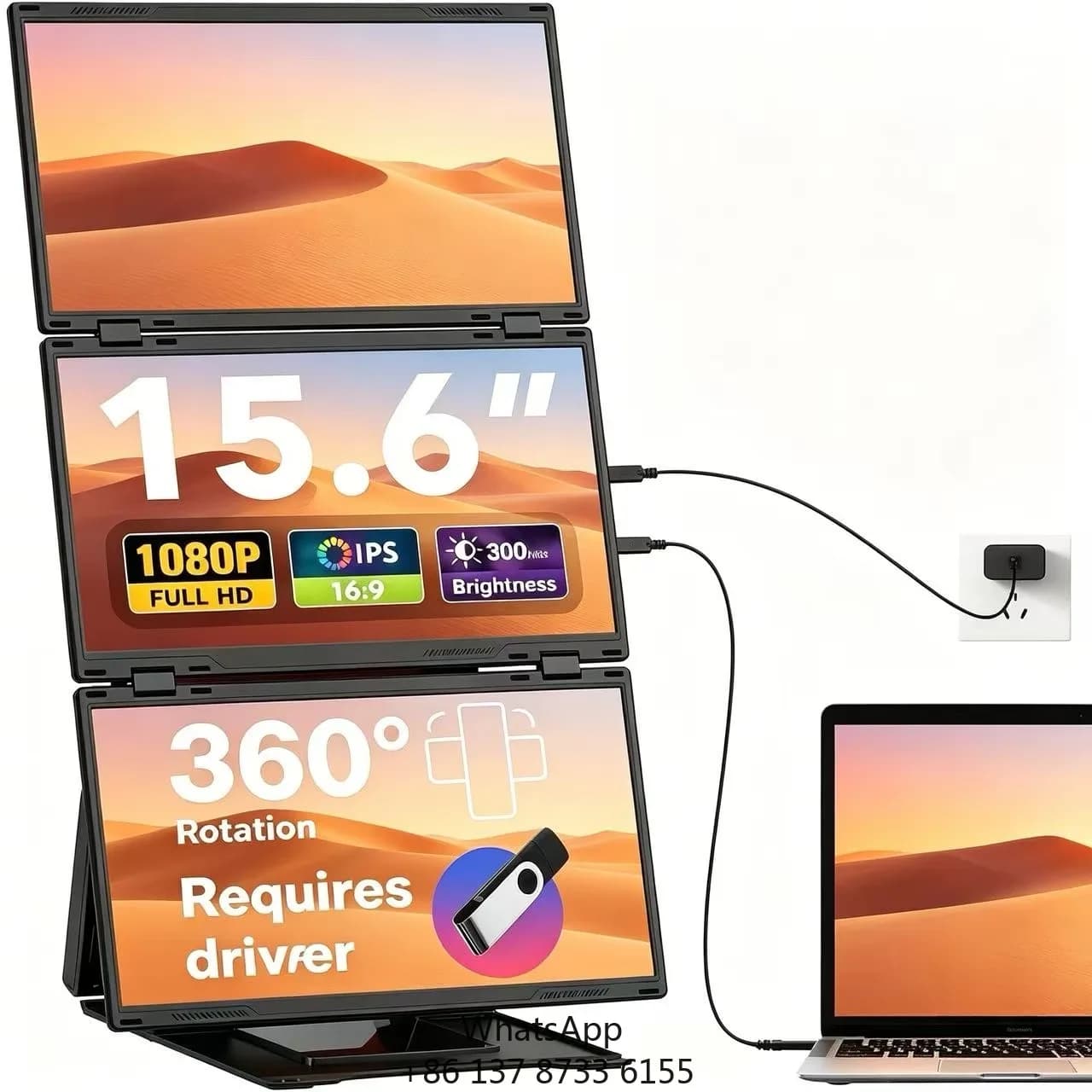 15.6" FHD 1080P Quad Monitor 3 Monitor Screen Extended Double Magnetic Rotation Multi-Angle Stand For Editing Stock Trading