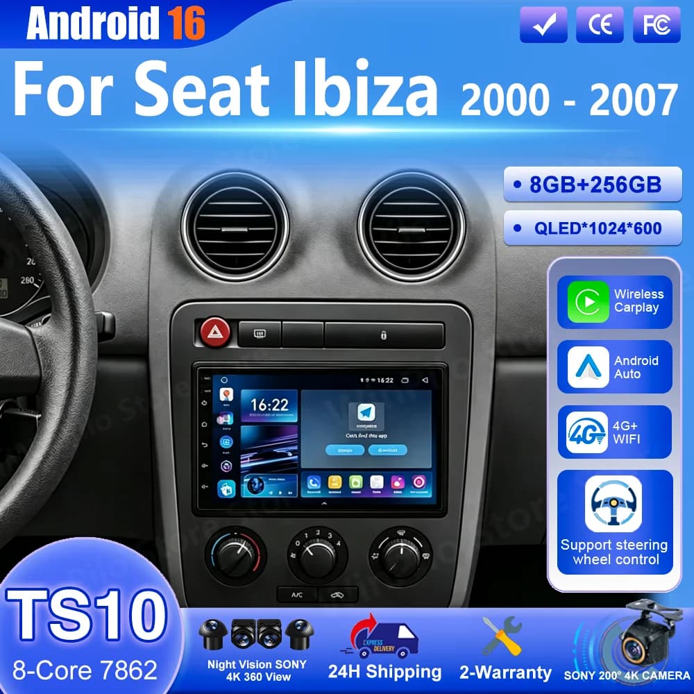 Autoradio Android 16 per Seat Ibiza 2000-2007, Lettore Multimediale Auto con CarPlay, Navigazione GPS e Stereo