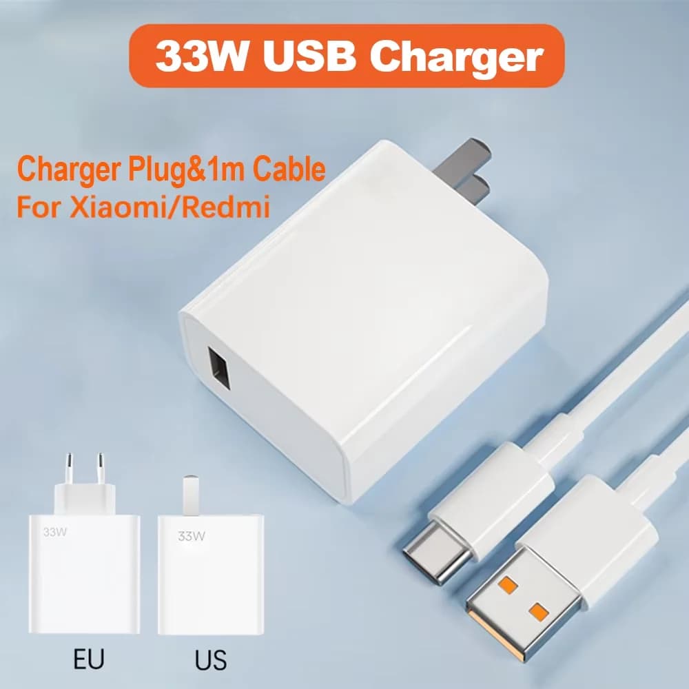 Caricabatterie USB Rapido 33W con Cavo USB C 6A, Adattatore QC 3.0 con Spina EU/US per iPhone, Xiaomi 14, 13, Redmi, Samsung, iPhone, OnePlus