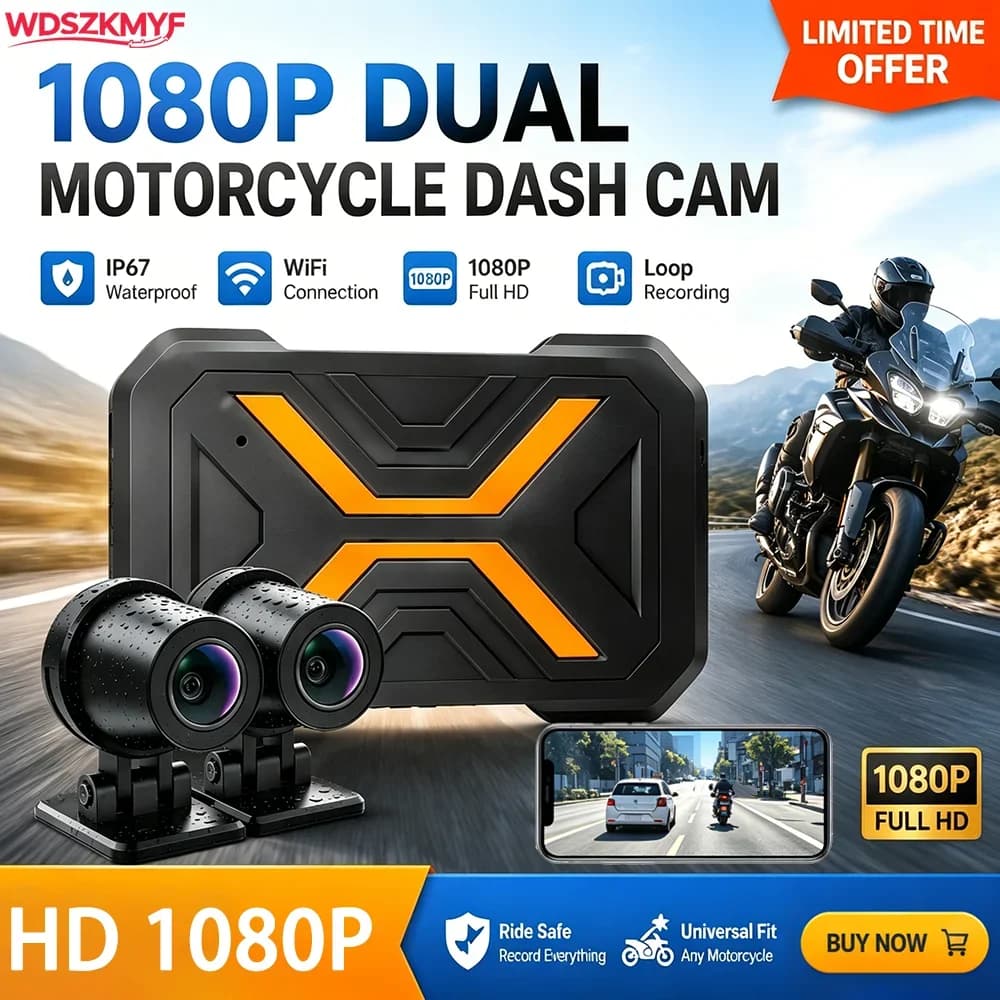 Dual Full HD 1080P Motorcycle Dash Cam DVR IP67 WiFiAPP Real-Time Preview EIS Anti-Shake Outdoor Motorbike Riding Video Recorder