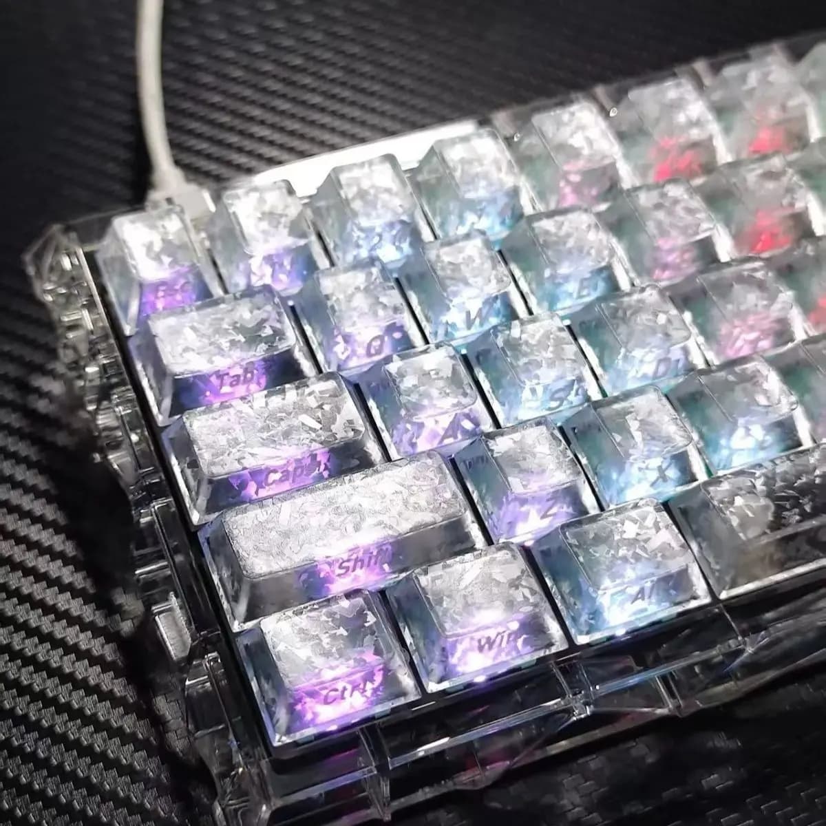 Set di 132 Tasti in PC Trasparente Bianco Opaco con Texture in Fibra di Carbonio, Profilo Cherry Double Shot per Tastiere Meccaniche Gateron