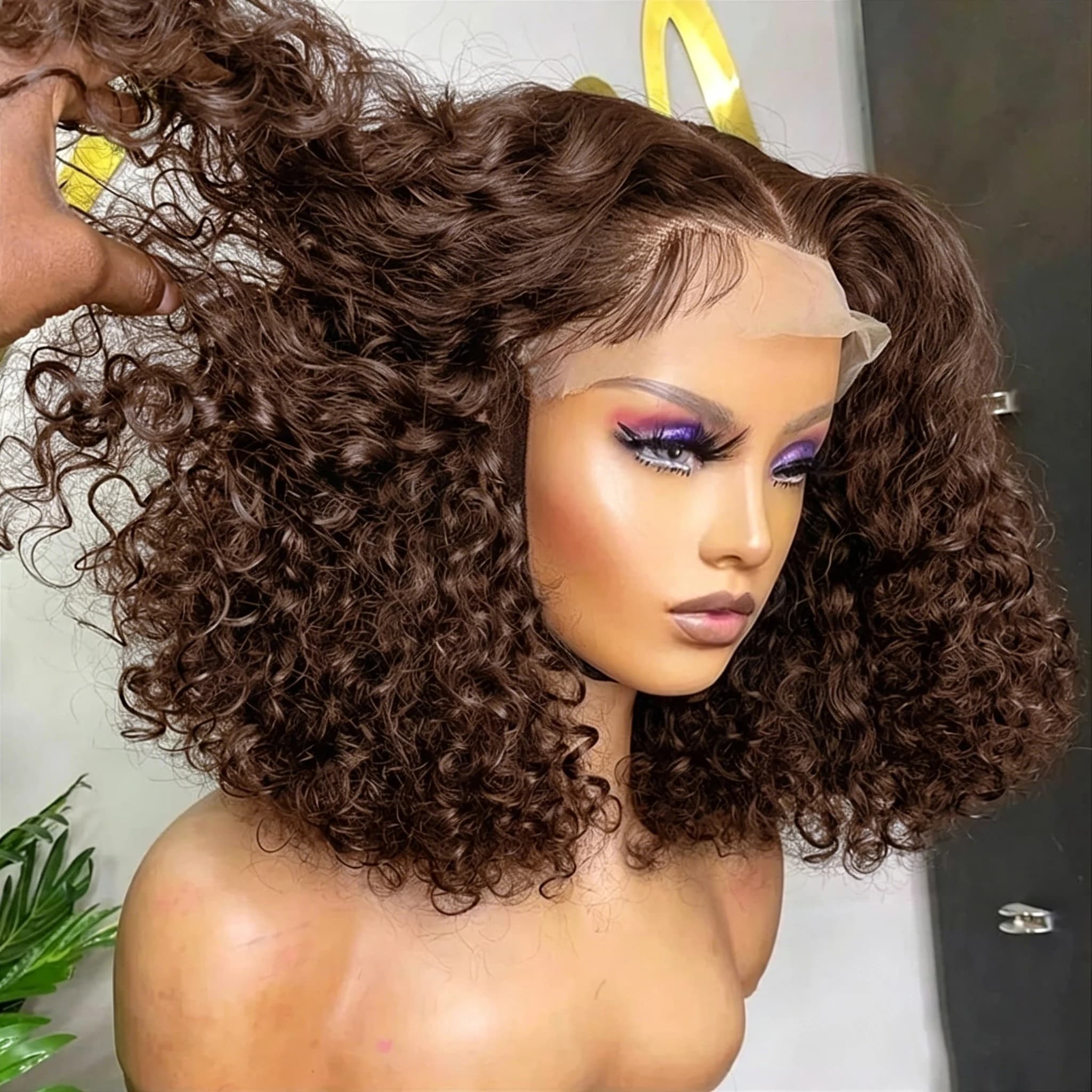 Brown Color Deep Curly Short Bob Wig 200 Density 13x4 Lace Frontal Wigs Brazilian Water Wave Human Hair Wig Preplucked For Women