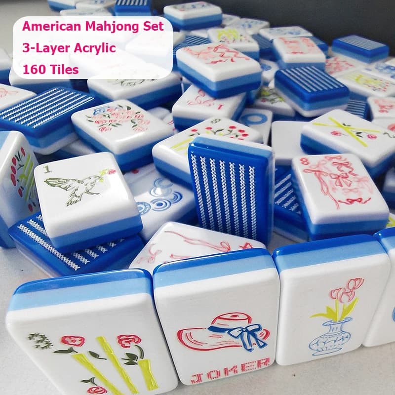 Set Mahjong Americano di Lusso 2026 in Acrilico a 3 Strati Blu e Bianco, 160 Tessere con Motivo Inciso, Gioco da Tavolo per Famiglia, Tempo Libero e Regali per Feste