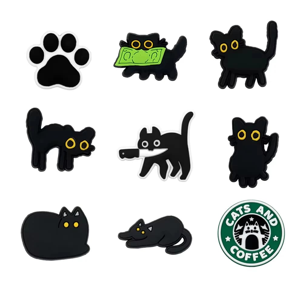 Set di 9 Charms per Crocs a forma di gatto nero, Decorazioni per scarpe con codice AI da programmatore, Fai da te per zoccoli e sandali, Regalo per coder e IT geek