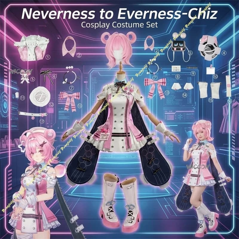 Chiz Cosplay Costume Kawaii Pink Dress Rabbit Ear Shoes Wigs Cute Sweet Lolita Halloween Party Anime Game Neverness To Everness