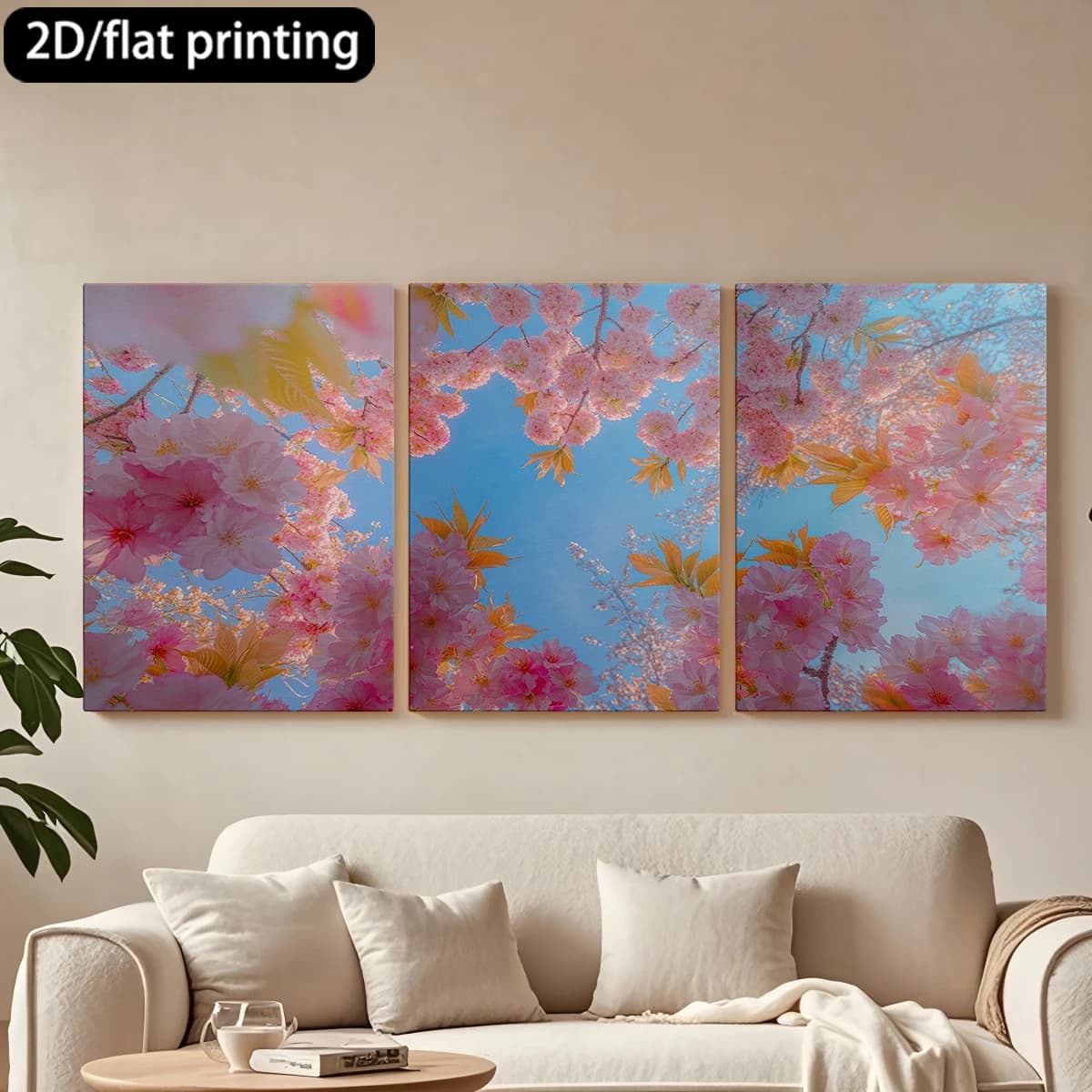 Decorative painting on canvas with wooden frame, 3 pieces. Cherry blossoms, blue sky, spring. Tende per camera da letto ikea.