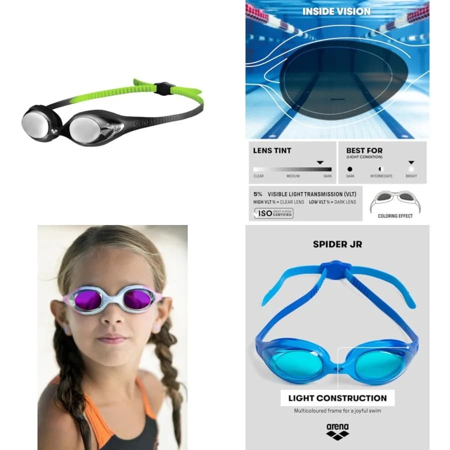 Occhialini da Nuoto Unisex per Ragazzi Spider Junior, per Bambini dai 6 ai 12 Anni, Lenti Antiappannamento, Cinturino Facilmente Regolabile, Senza Perdite d'Acqua