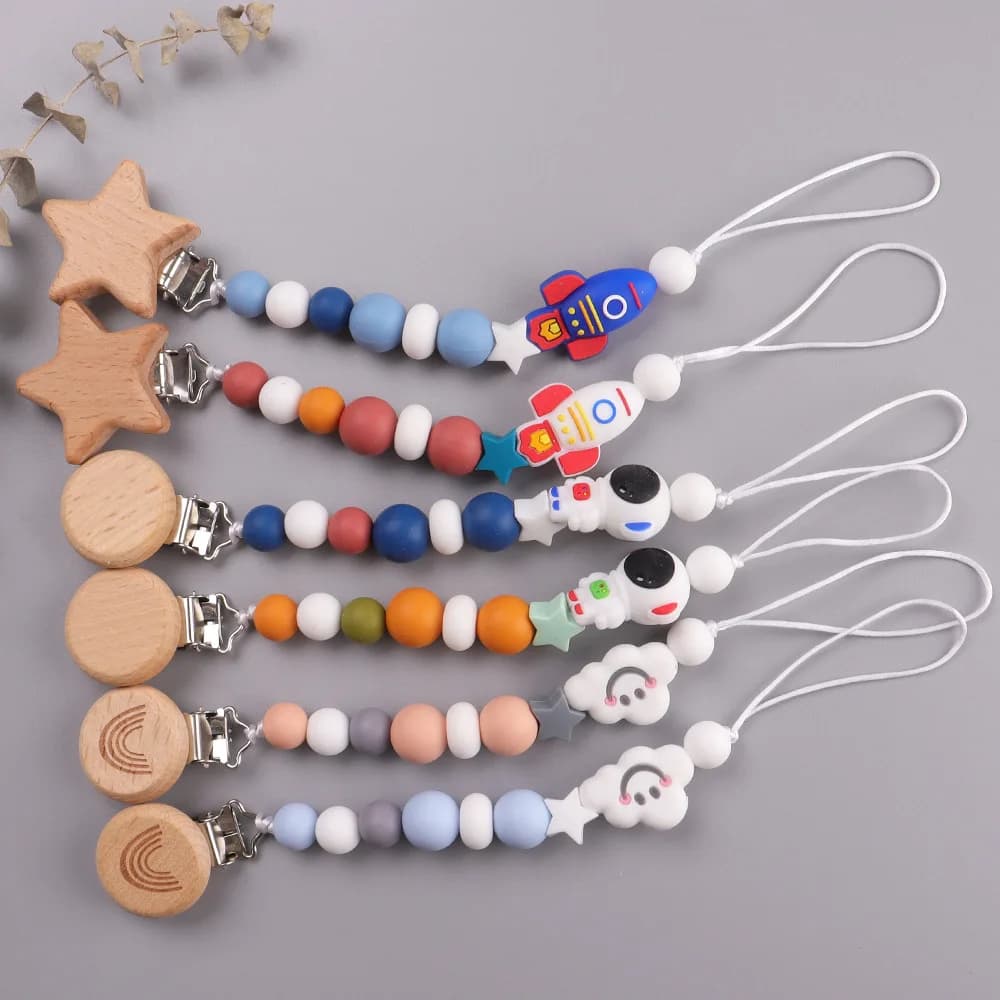 Baby Boy Girl Pacifier Holder Chain Food Grade Chew Silicone Beads Cute Rocket Pacifier Clips