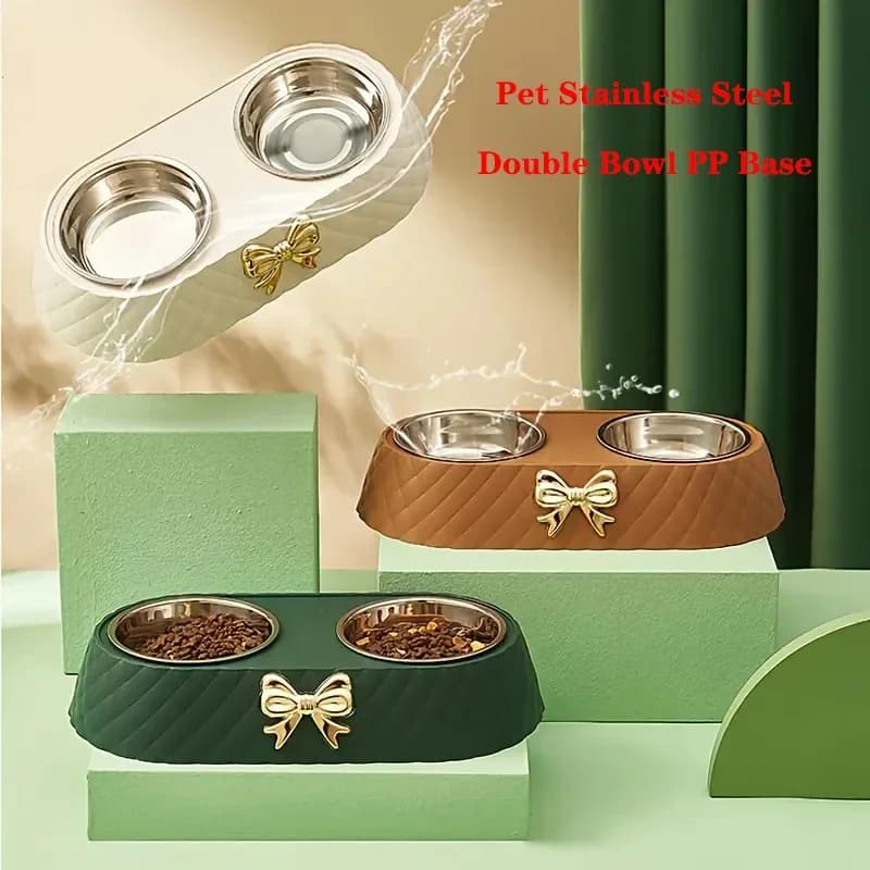 Ciotola per cibo per gatti per animali domestici Base in PP Papillon Bowknot Alimentatore per gatti Doppia ciotola in acciaio inossidabile Alimenti per cani Contenitore per bere Forniture per animali domestici