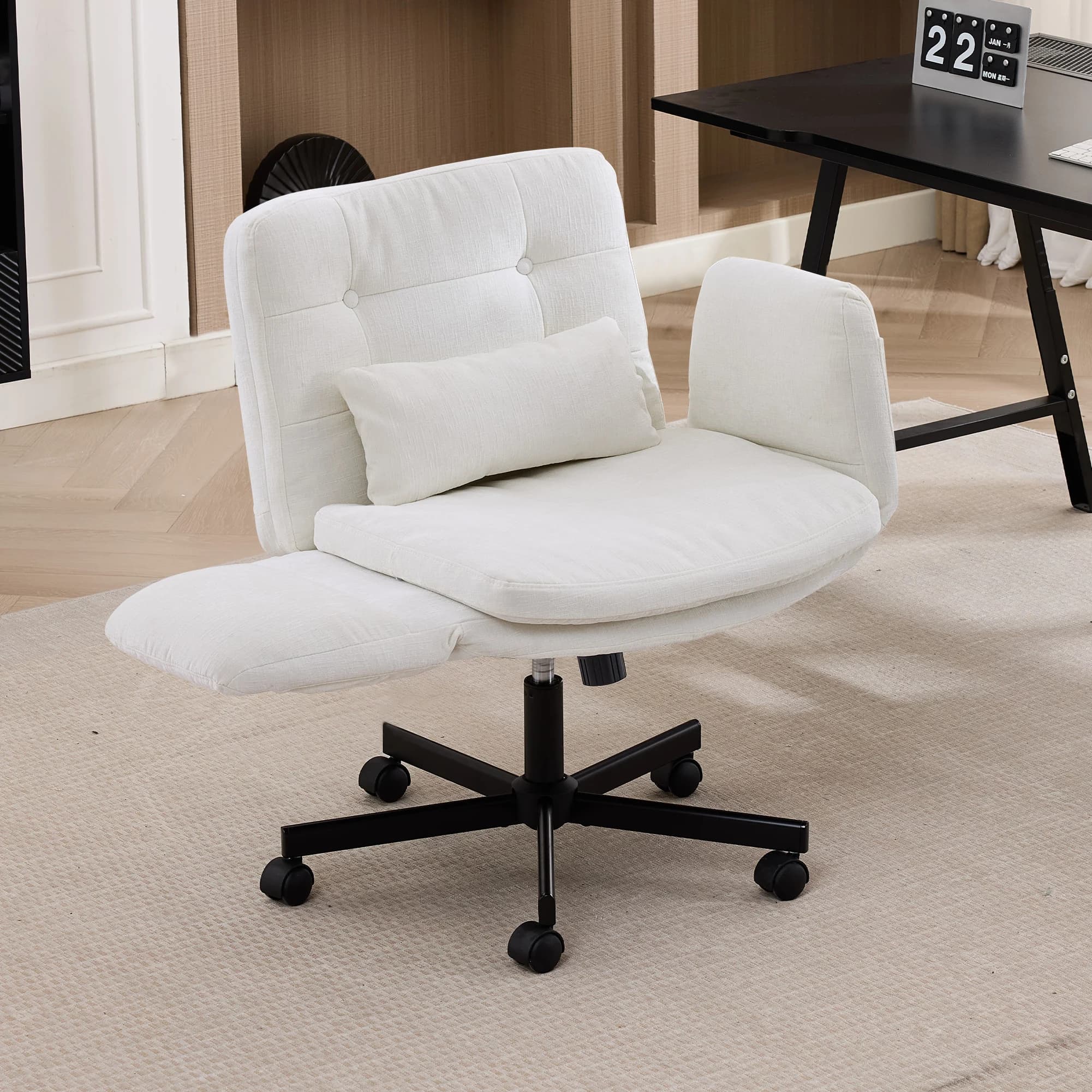 Sedia Girevole Ergonomica TCGBKAF Bianca con Braccioli Regolabili, Seduta Incrociata in Ciniglia, Tasche Laterali, Ruote e Supporto Lombare per Casa e Ufficio