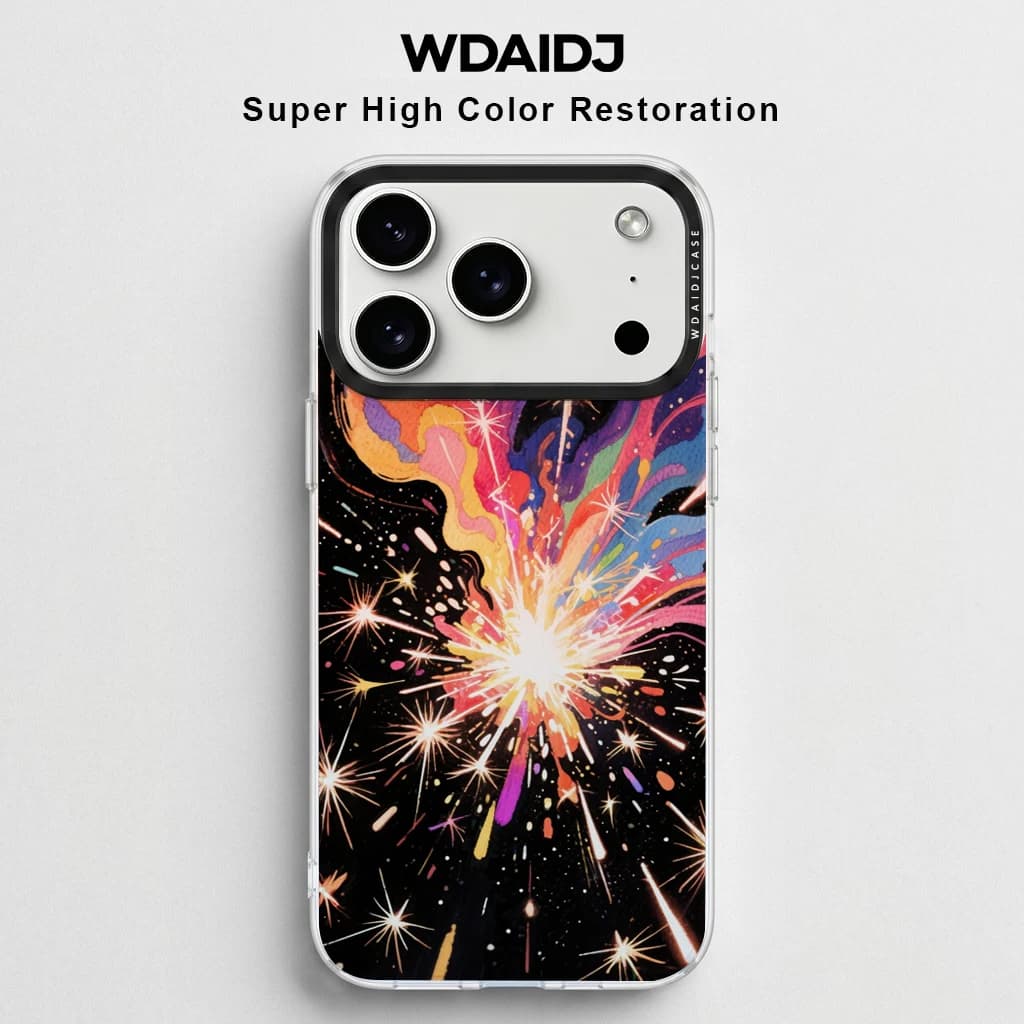 Cover per iPhone 17 16 15 14 13 con Stampa Artistica Vibrante a Schizzi su Sfondo Nero, Festiva e Audace, Trasparente Anti-Graffio