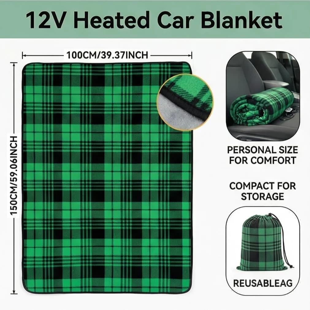 Coperta Elettrica Riscaldata per Auto 12V - Morbida in Flanella Doppio Lato, 150 x 84 cm, Adatta Universalmente per Auto, Camion, Camper - Ideale per Viaggi