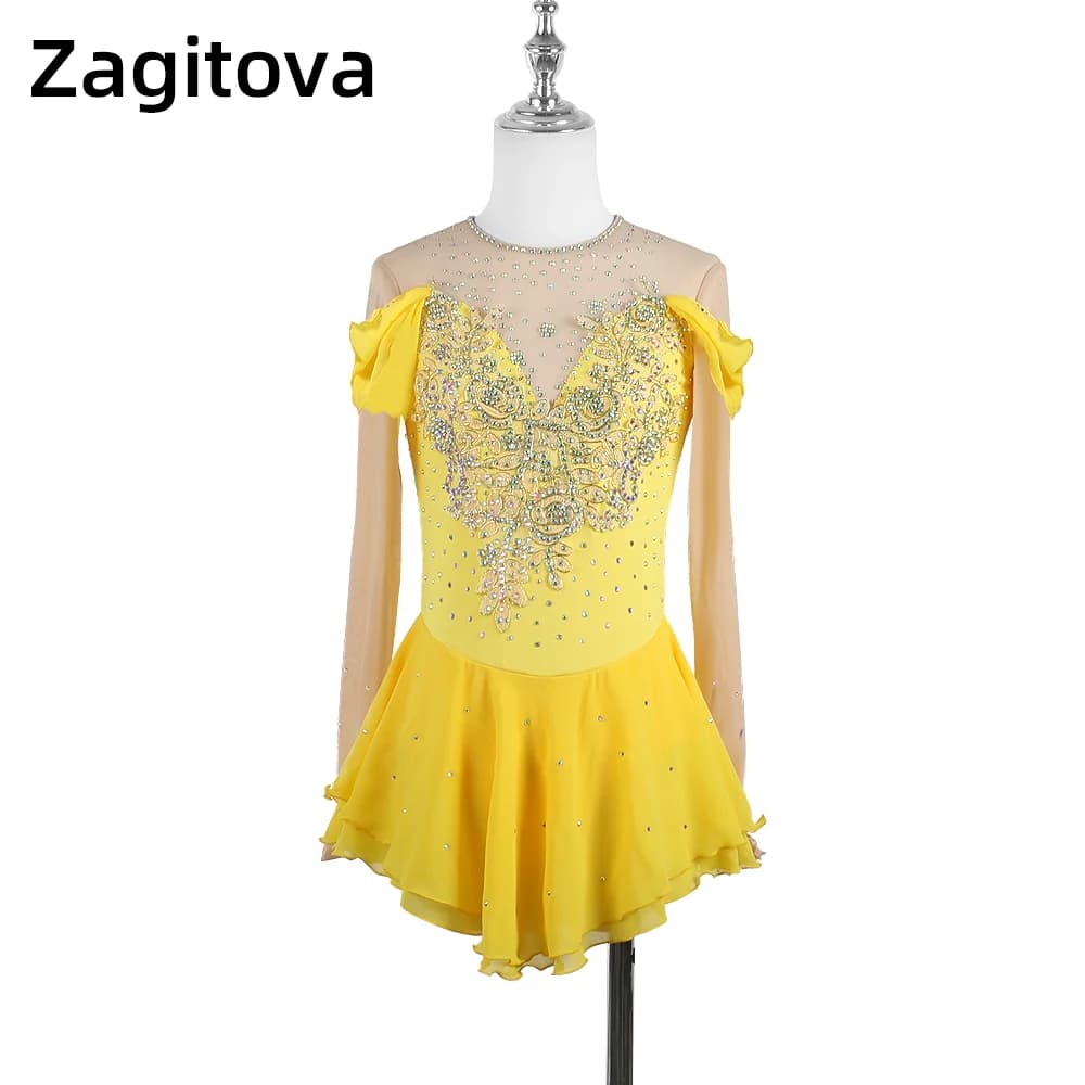 Zagitova Abito da pattinaggio di figura per donna Ragazza Gonna da pattinaggio su ghiaccio Concorso di prestazioni con diamante giallo lucido