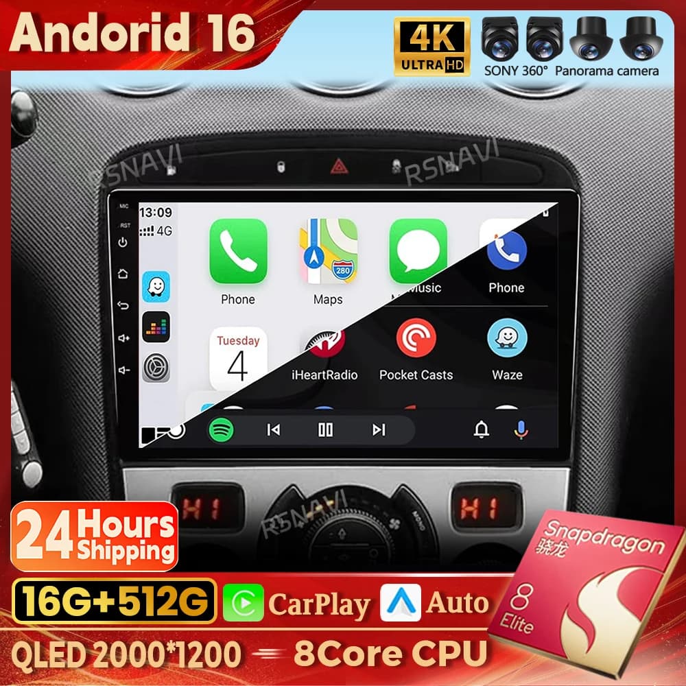 Autoradio Android 16 con Carplay, Schermo QLED 2K Qualcomm per Peugeot 408 2010-2012, GPS, Stereo, BT, Wifi, Multimedia, DSP