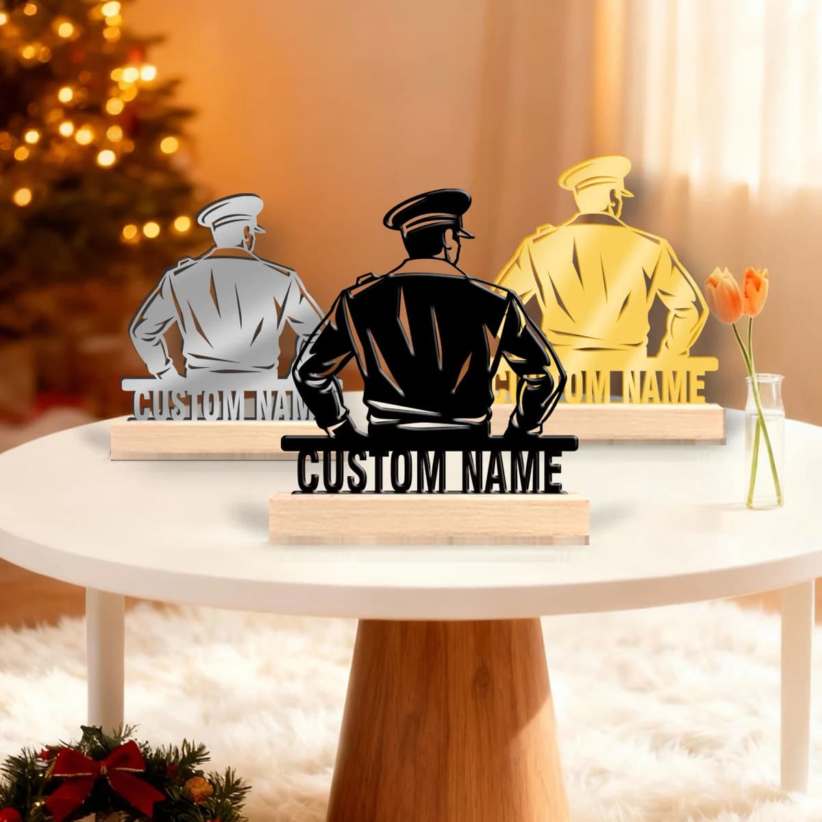 1pc Personalized Desktop Ornament with Wooden Base, Office Desktop Decoration, Classic Metal Design