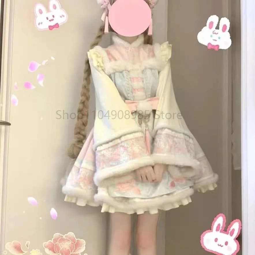 Abito Lolita Kawaii da donna con fiocco dolce elemento cinese mini abito vintage rosso a maniche lunghe abiti da festa di Natale