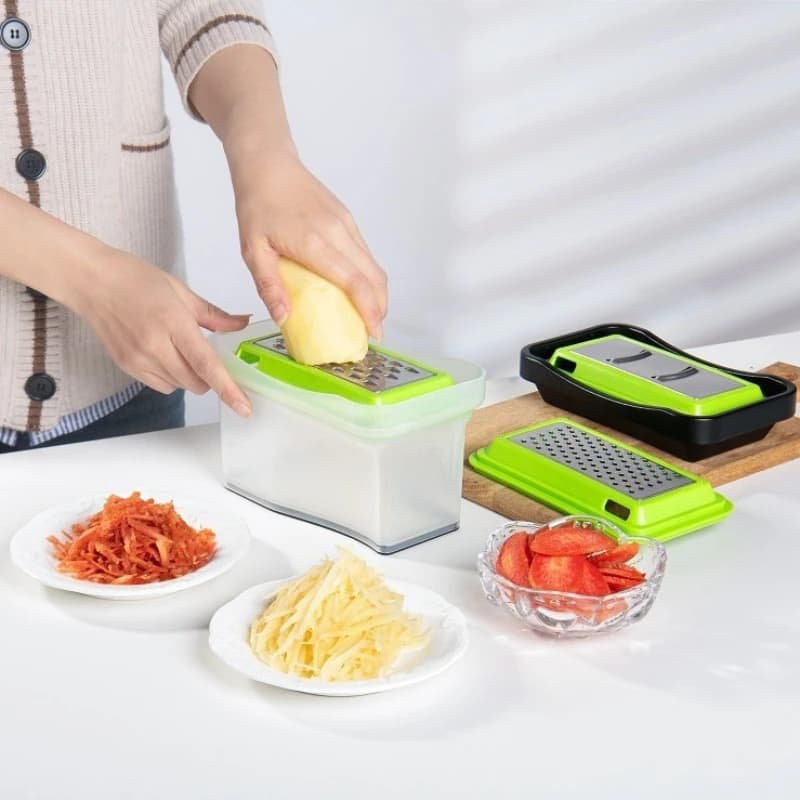 Tritatutto 3 in 1, Affettaverdure Manuale, Grattugia per Patate e Carote con Lama in Acciaio Inox e Contenitore per Alimenti