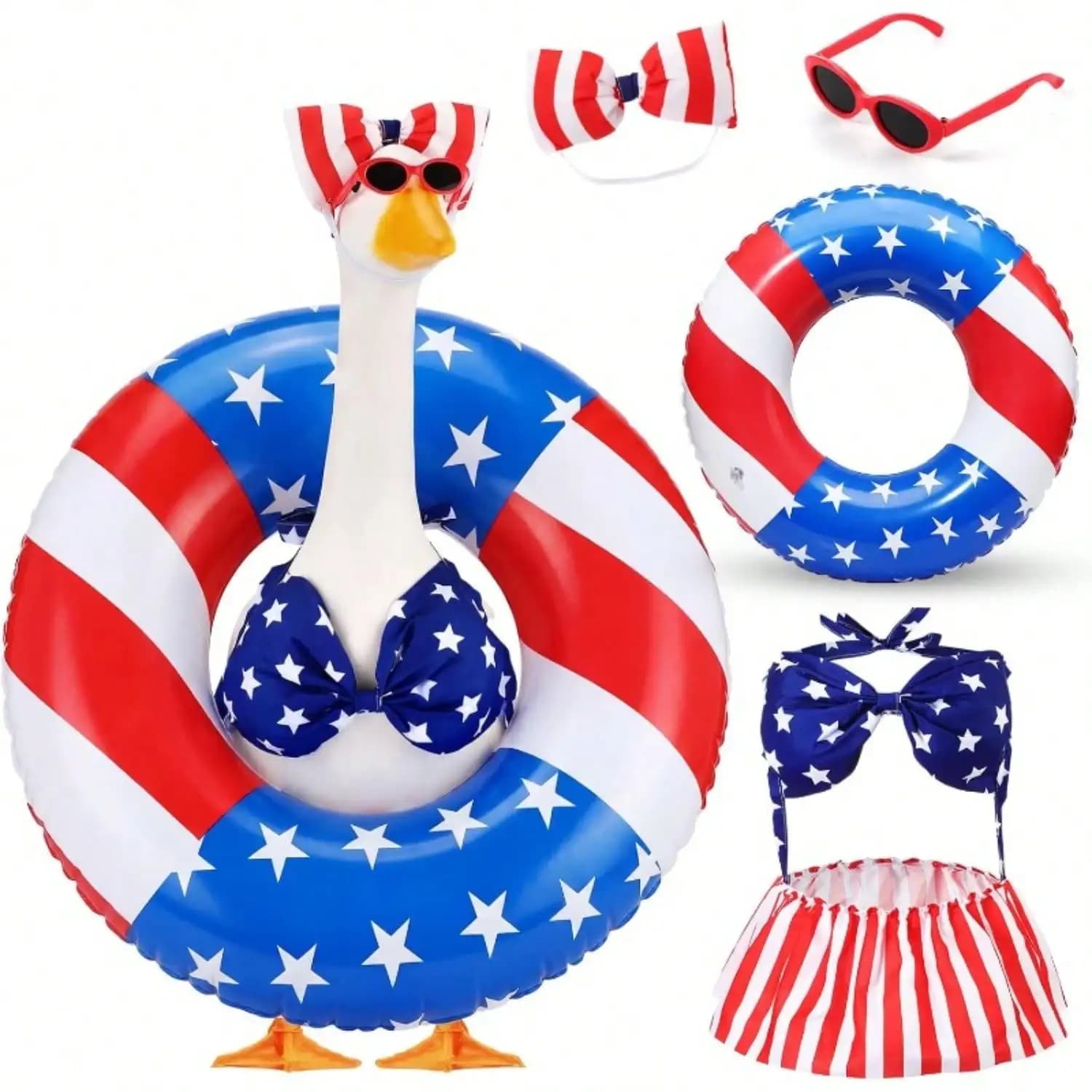 Set di 4 pezzi per il Giorno dell'Indipendenza, il regalo perfetto: Set di costumi patriottici per la statua dell'oca da giardino del 4 luglio, costume da bagno bikini con bandiera americana, adatto per statue di oche da giardino da 23 pollici, decorazione estiva per il giardino per il Giorno dell'Indipendenza