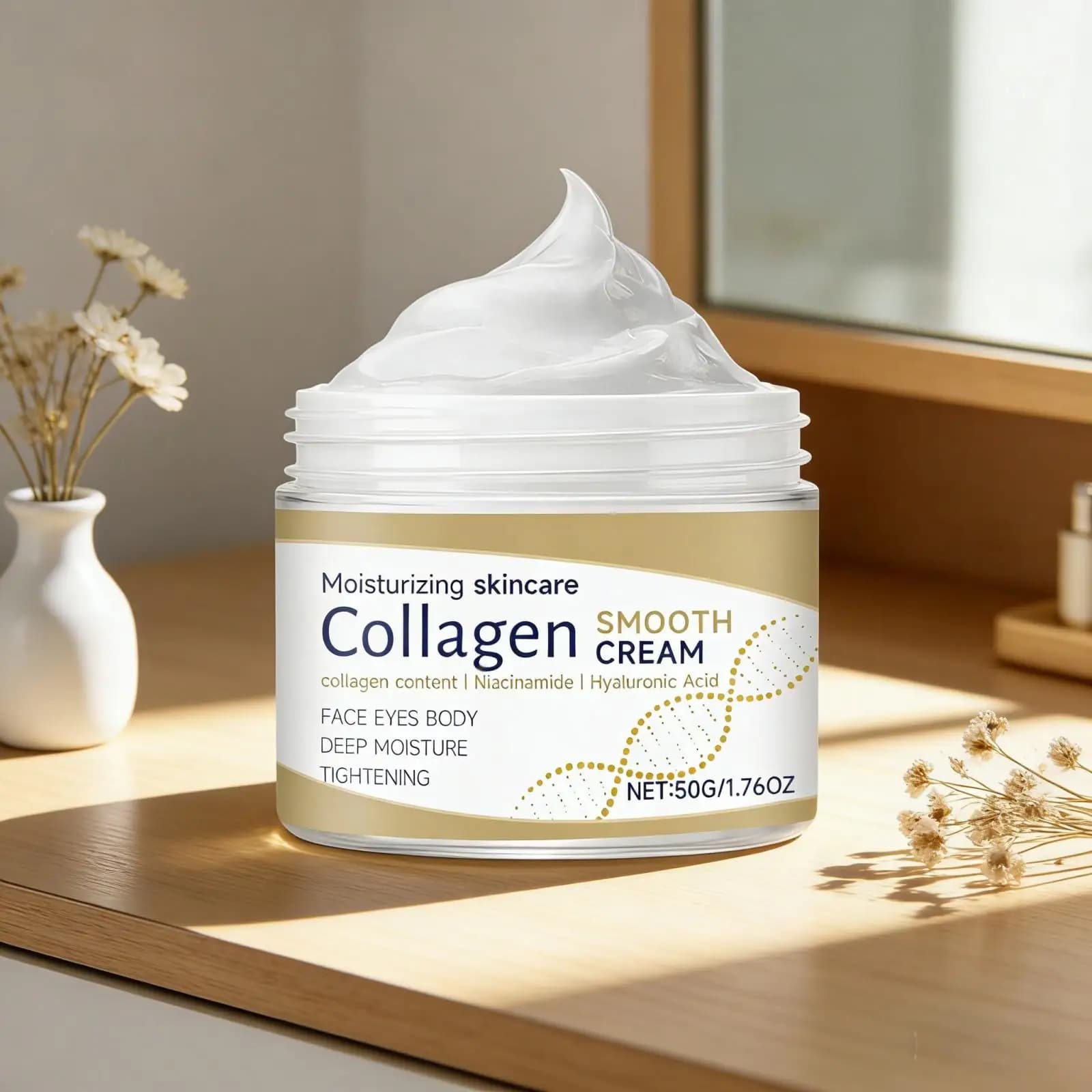 Crema al Collagene con Acido Ialuronico, Idratazione Profonda, Rassodante, Illuminante, con Nicotinamide, Idratante per il Corpo 50g