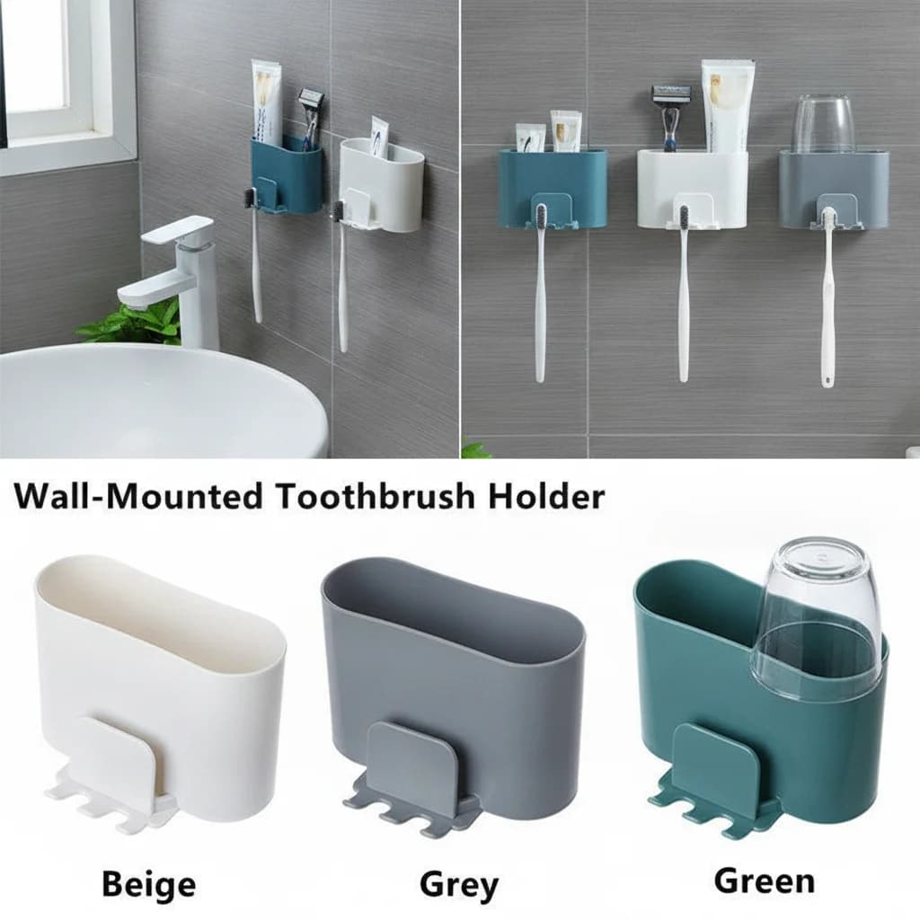 Wall-Mounted Toothbrush Holder Punch-Free Bathroom Storage Organizer with Mouthwash Cup and Toothpaste Rack