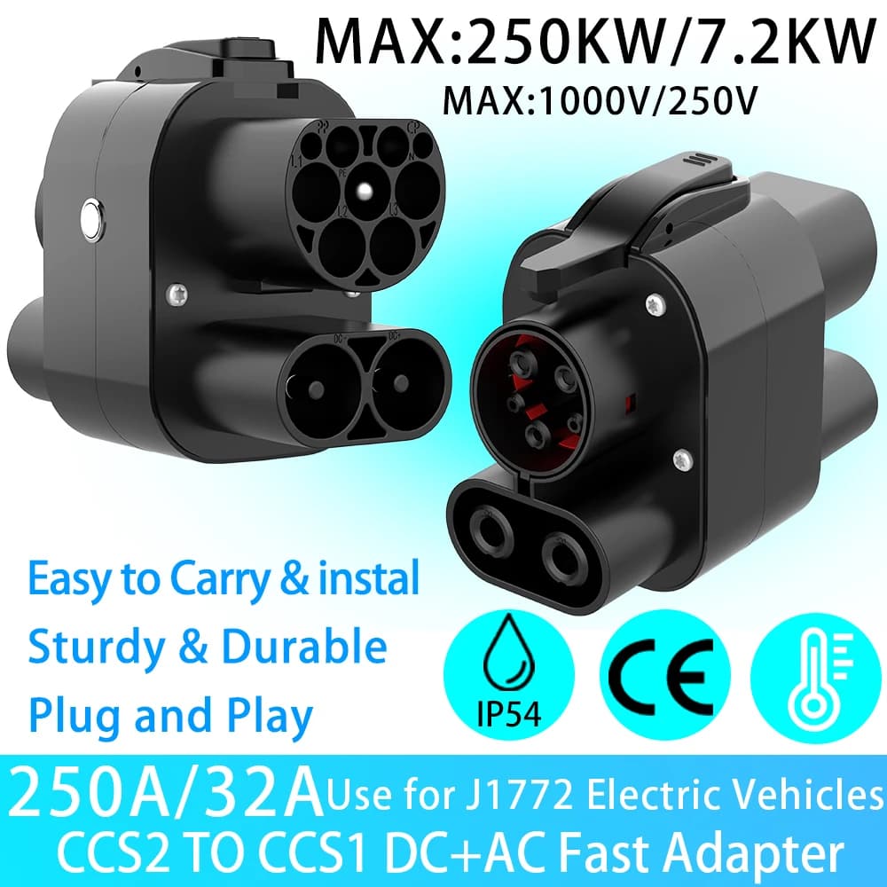 Unirise CCS2 adapter to CCS1 EV 250kW 250A 1000v DC + AC CCS Combo 2 charger connector to CCS1 Quick charging adapter for electric car