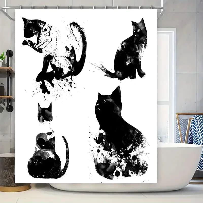 Tenda da doccia per gatti acquerello 7 disegni Stampa decorativa bianca nera per bagno realizzata con materiali ricicli