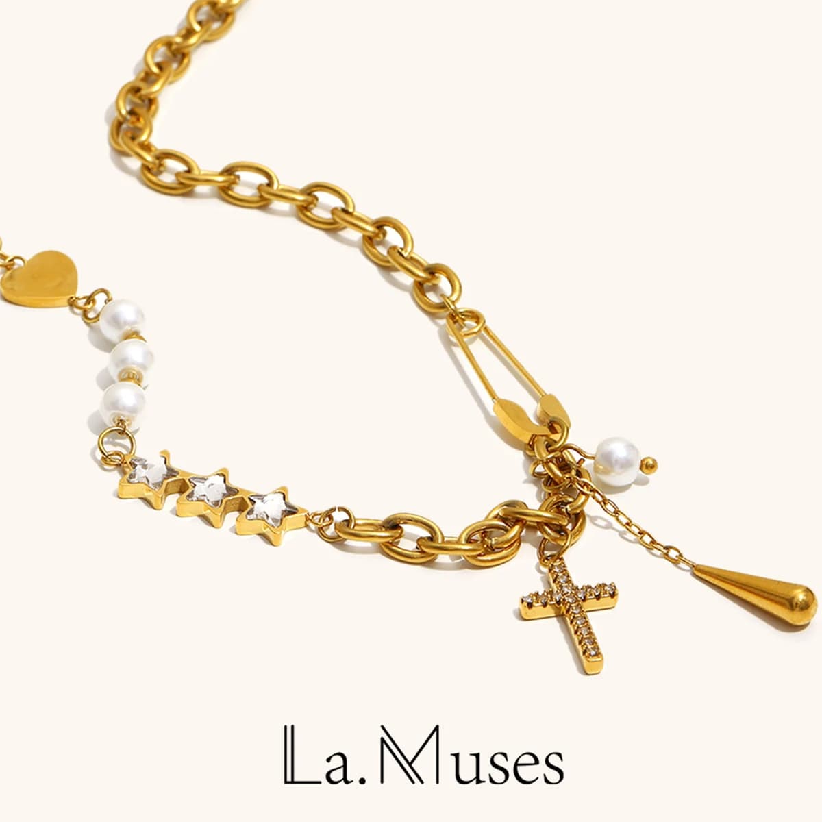 La. Muses Zircone Star Cross Nappa Splicing Collana da donna in acciaio inossidabile PVD placcato oro Accessori per gioielli di moda