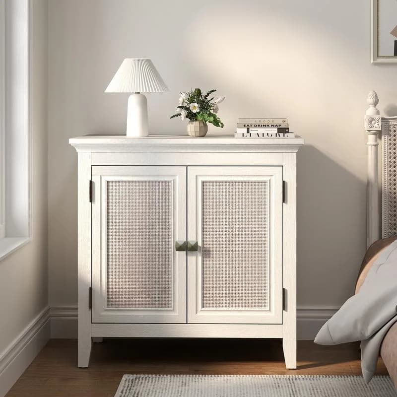Storage Cabinet, Kitchen Sideboard Cabinet with Rattan Decor Doors, Accent Buffet Cabinet with Adjustable Storage Shelf, Wood Cabinet Organizer for Hallway, Dining Room, Living Room, White