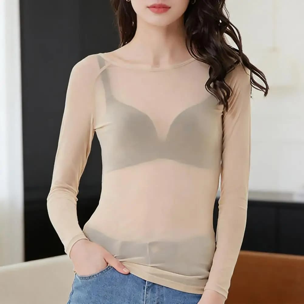 Sheer Mesh Blouse Women Blouse Women’s Sheer Mesh Long Sleeve Top Slim Fit Round Neck Blouse Sexy Bottoms for Parties Wear