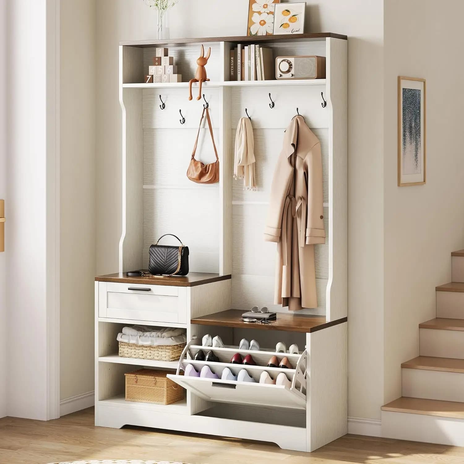 Mobile ingresso con panca e contenitore per scarpe 6-in-1 versatile, 110,5 cm x 39,9 cm x 180,1 cm, in legno MDF, personalizzabile