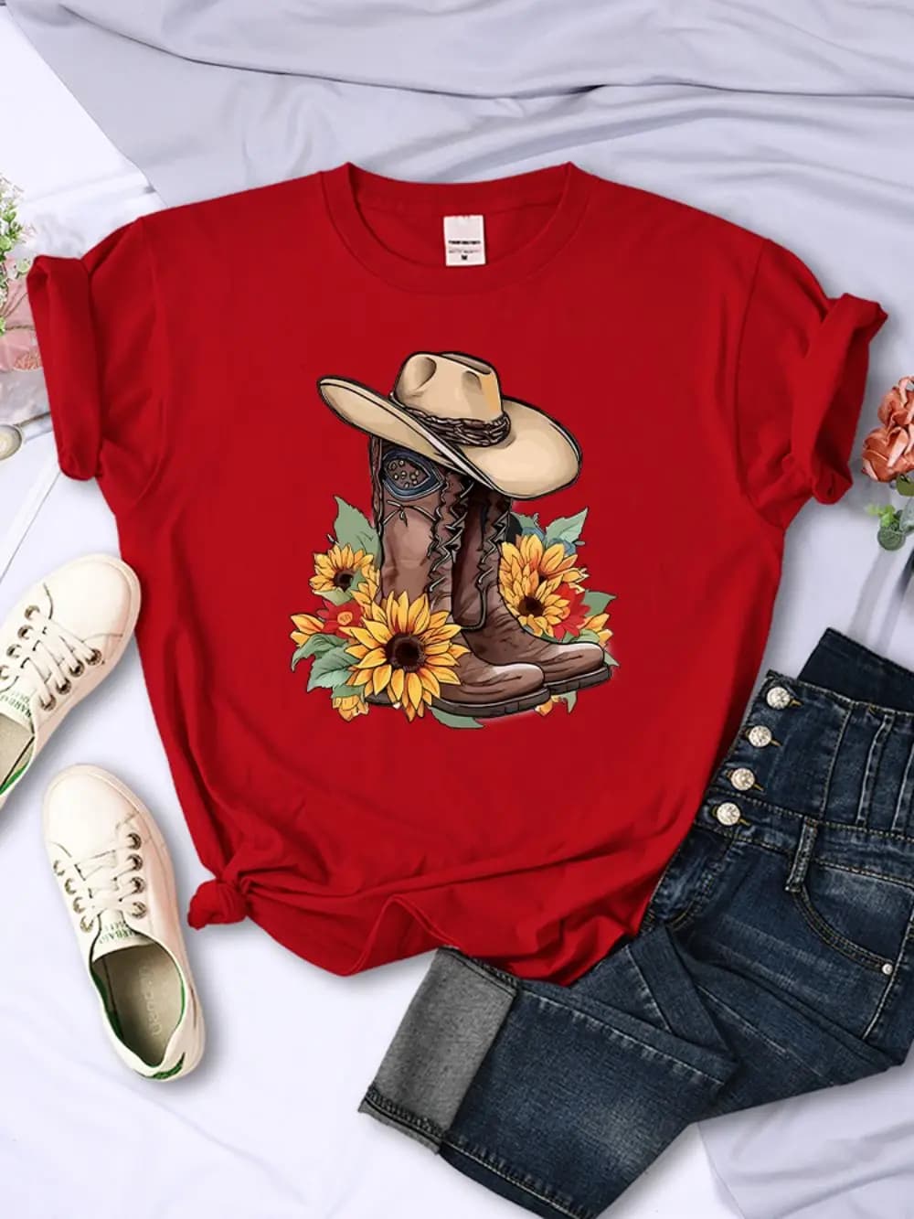 Cartoons Women T-Shirts Cowboy Riding Boots & Sunflowers Printed Tees O-Neck Comfortable Soft Short Sleeve Summer Female Clothes