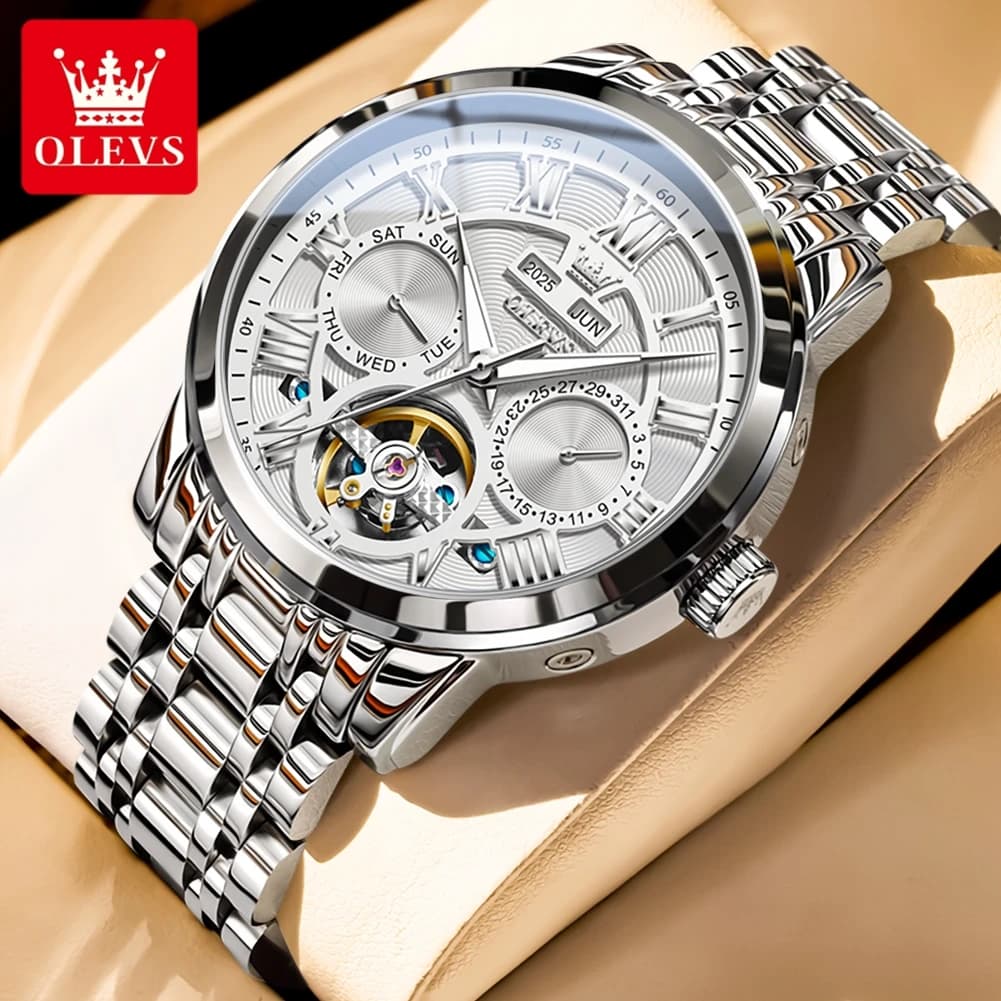 OLEVS 6668 Classic Automatic Mechanical Man Wristwatch Waterproof Luminous Calendar Business Luxury Skeleton Men's Watch