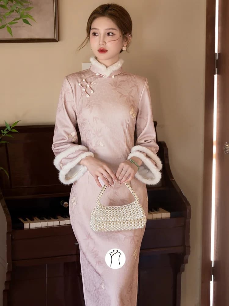 Pink Velvet Long Qipao Dress Thickened Fleece Lined Wedding Engagement Party New Chinese Style Reformed Dress Women's Fashion
