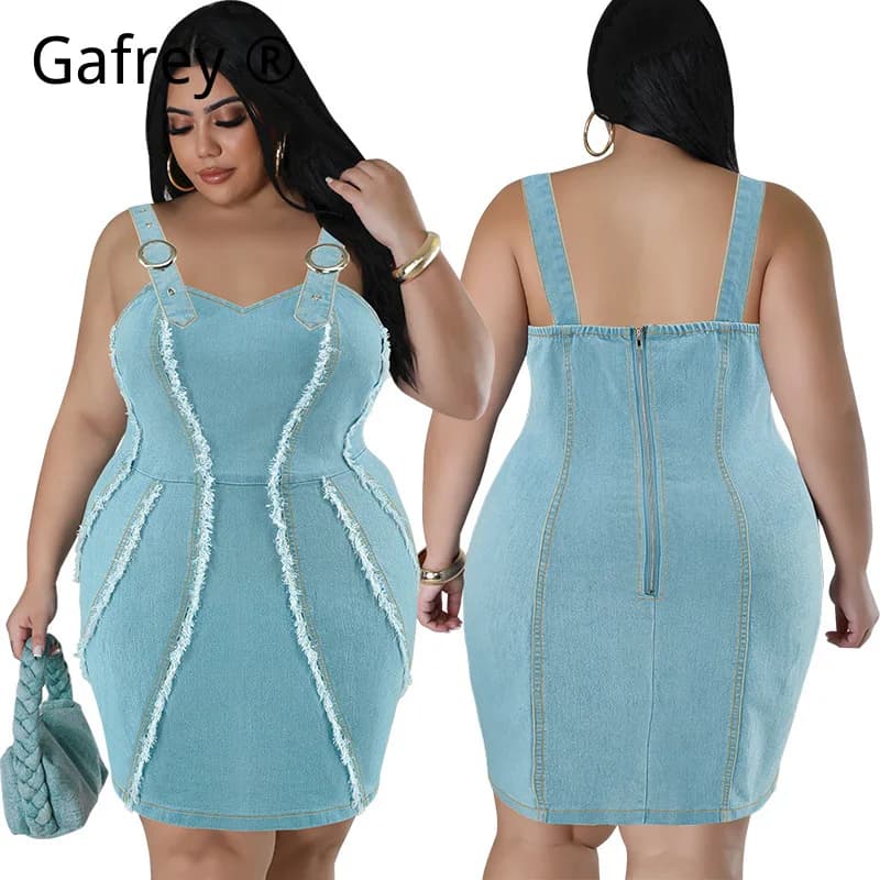 4XL 5XL Women's strong size denim dress, summer, with thin shoulder straps, heavy fringes and tassels, mini sleeveless dress, short jeans dress, Boho Y2K style