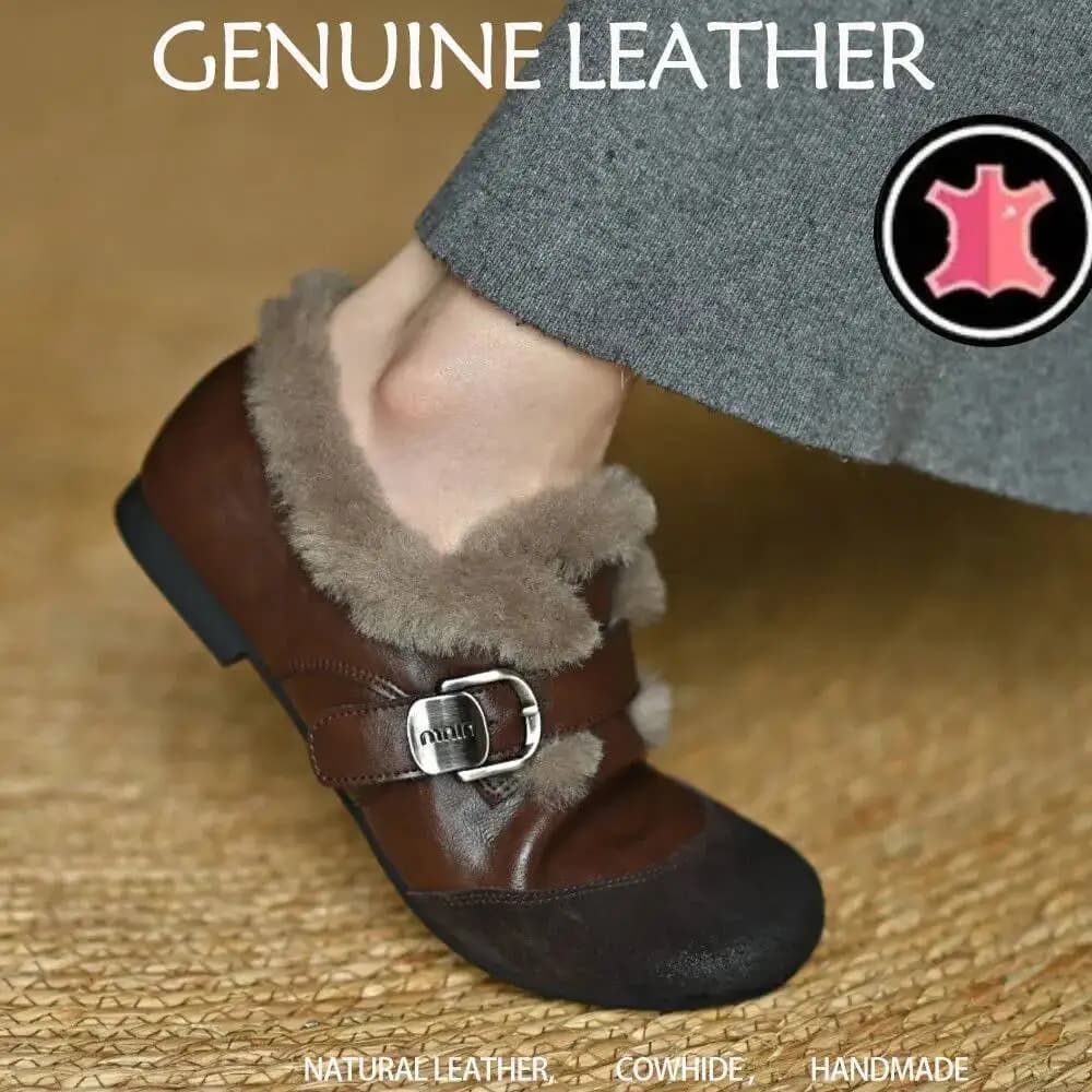 Mocassini da Donna in Pelliccia e Pelle Scamosciata Patchwork Vera Pelle con Fibbia Incrociata Scarpe Femminili Punta Tonda Marroni Ballerine Phoentin