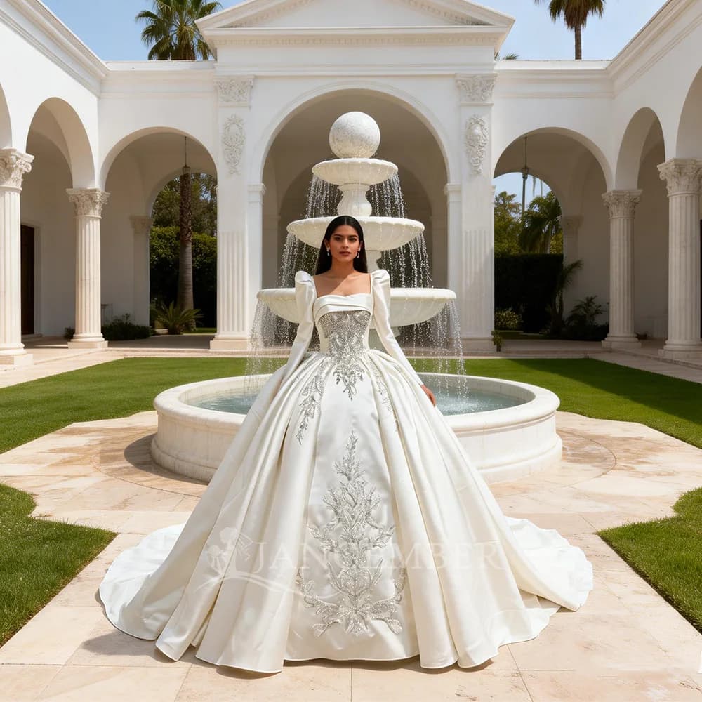 Abito da Sposa 2026 Classico Stile Principessa a Maniche Lunghe per Donna, Elegante e Personalizzabile, Vestito da Sposa in Raso, Vestidos De Novia