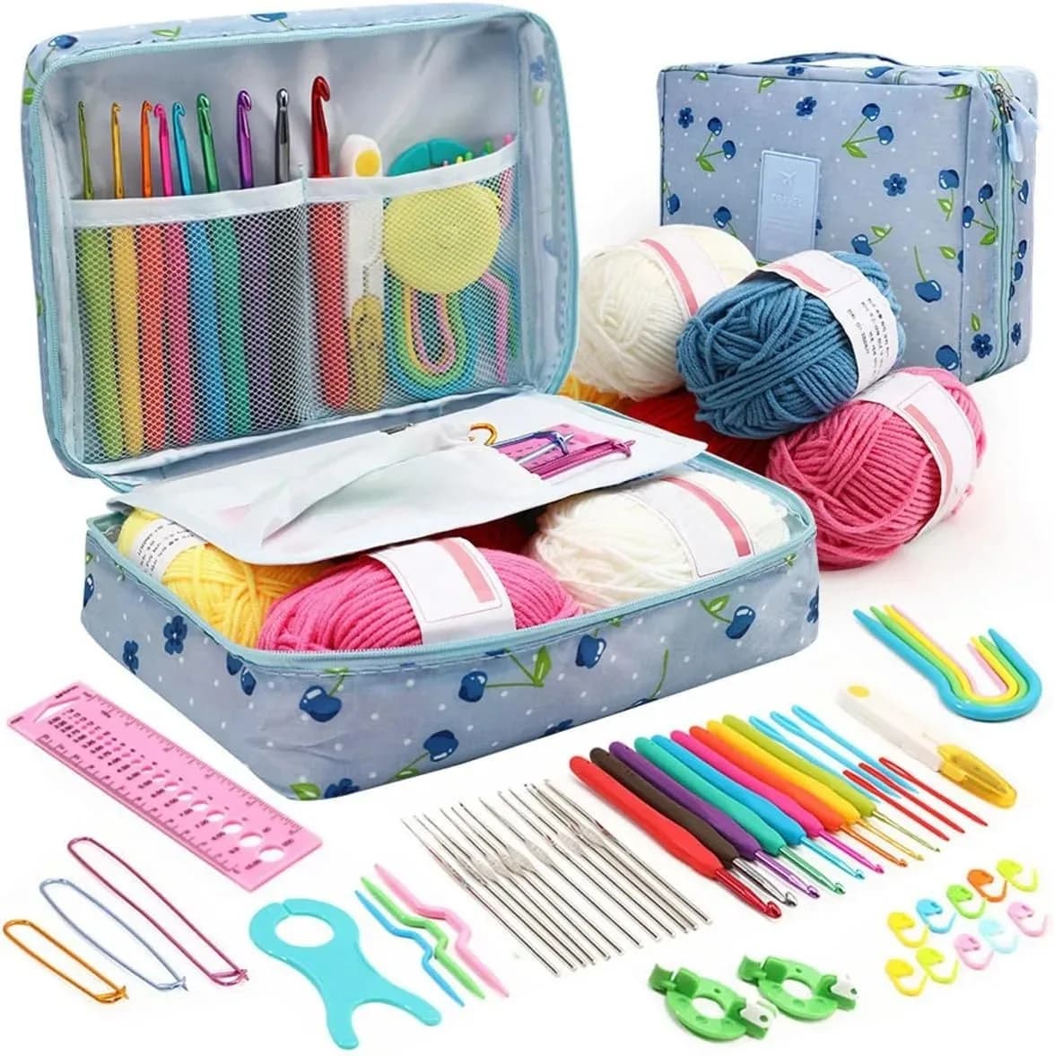 FELE 59 Pz/set Set di Maglieria All'uncinetto Portatile Kit di Uncinetti per Principianti Fai da Te con Borsa di Immagazzinaggio Confezione di Materiale e Strumenti di Stoccaggio