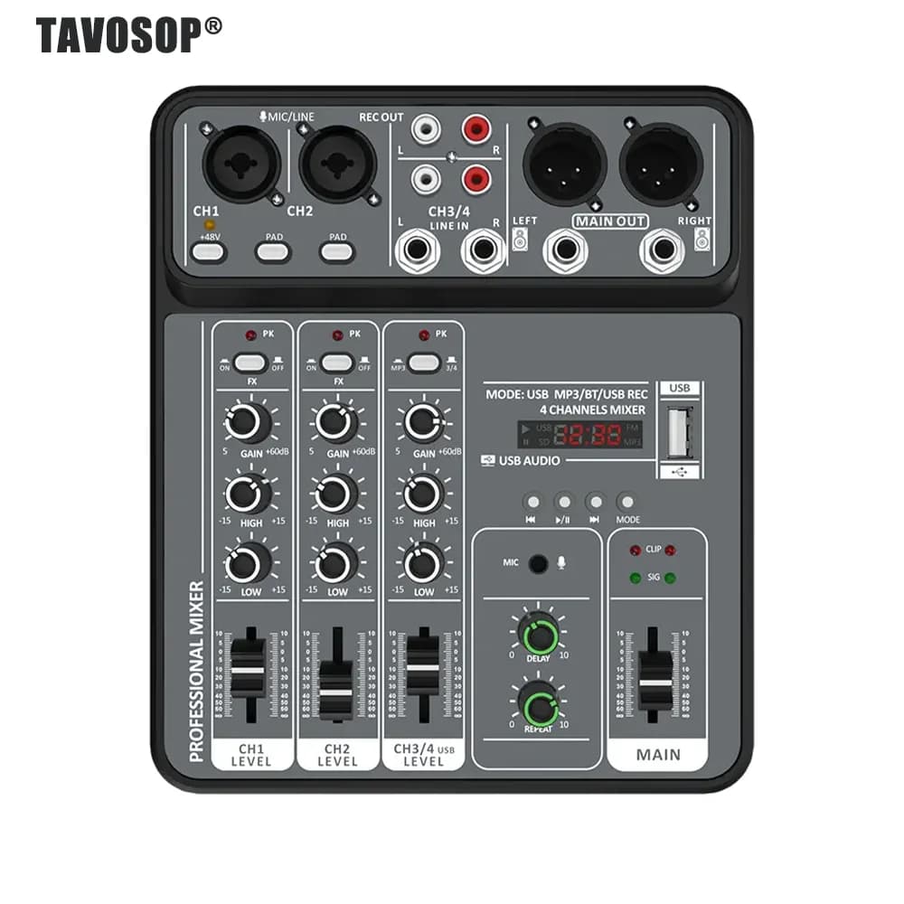 Mixer Audio a 4 Canali con Alimentazione Phantom 48V, Mixer USB da Studio, Console DJ Bluetooth per Registrazione e Karaoke