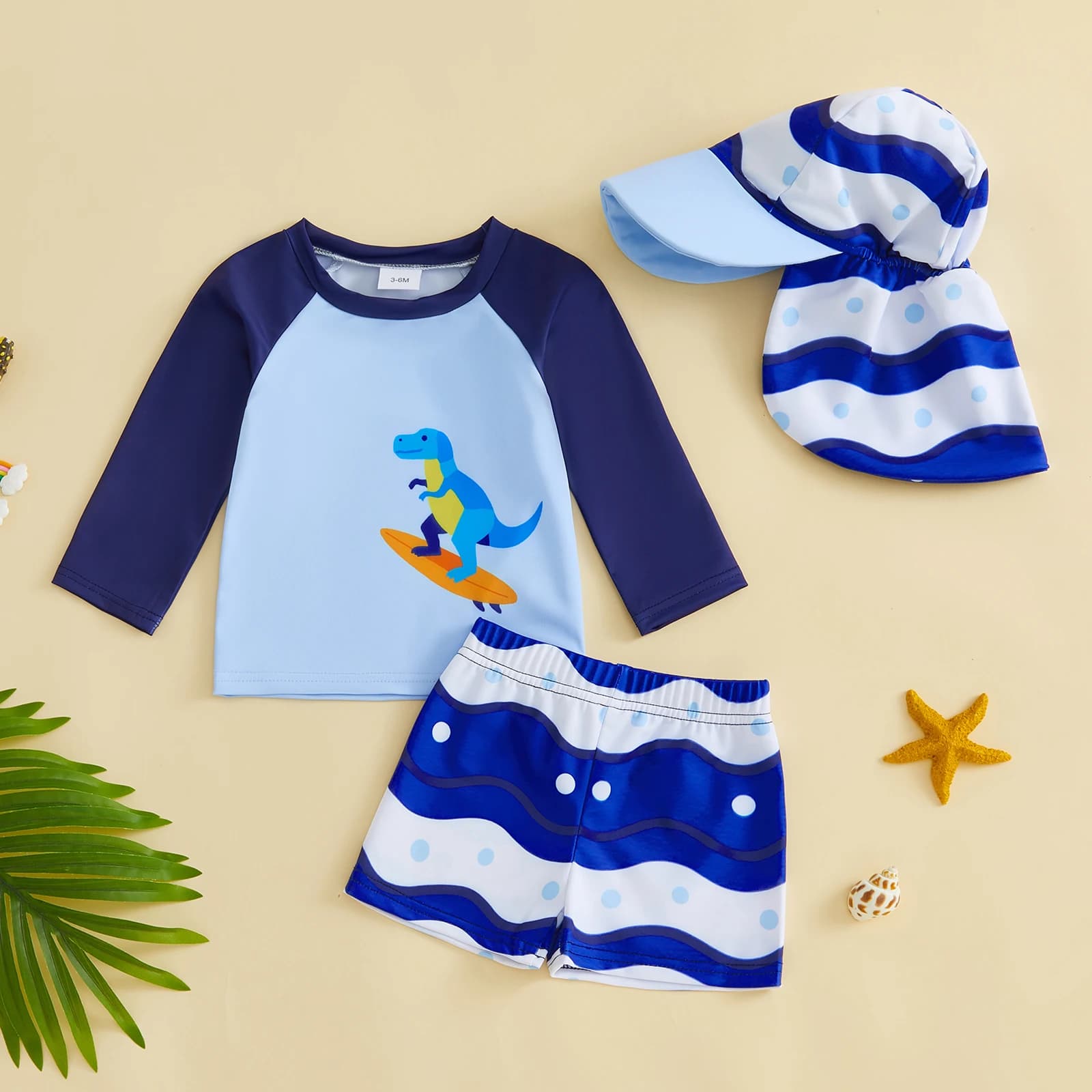 Costume da bagno per bambino, set da 3 pezzi, costume da bagno a maniche lunghe con stampa di dinosauri, pantaloncini da bagno e cappello