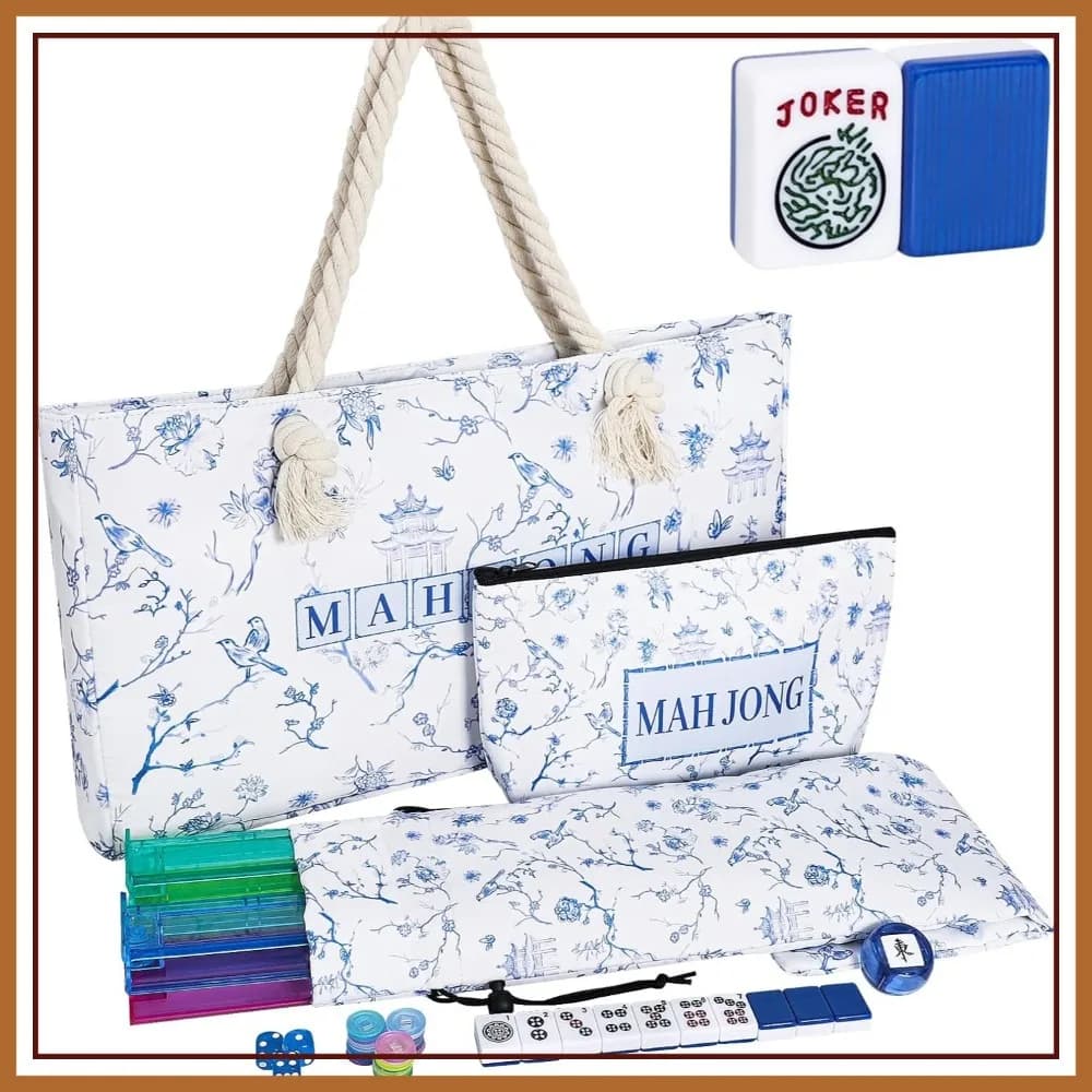 Set Mahjong Americano da 166 Pezzi con Tessere Blu, Borsa, Supporti e Spingitori, Gioco Completo