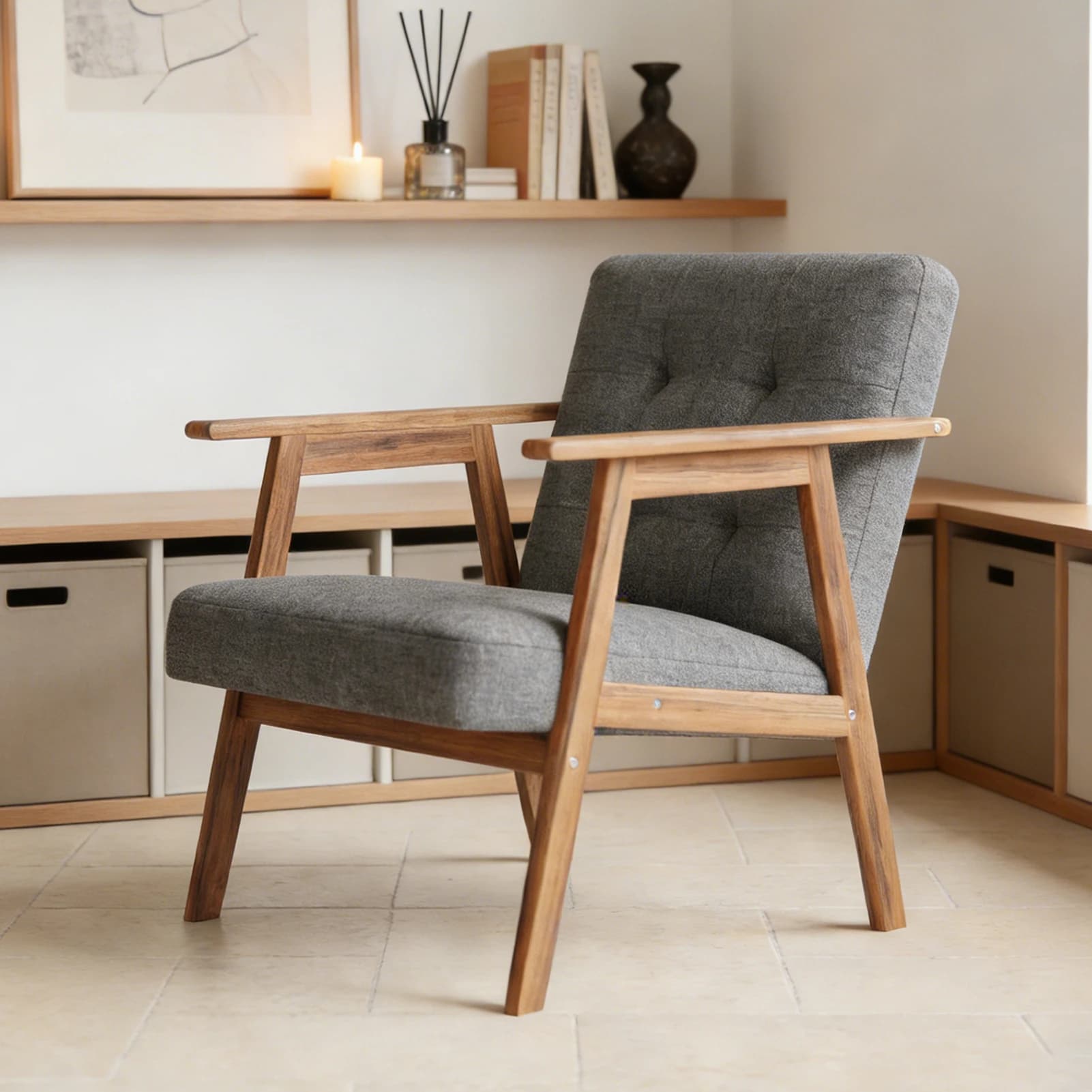 Poltrona Moderna Stile Mid-Century con Finitura in Noce, Cuscino Spesso e Confortevole, Sedia Imbottita per Soggiorno
