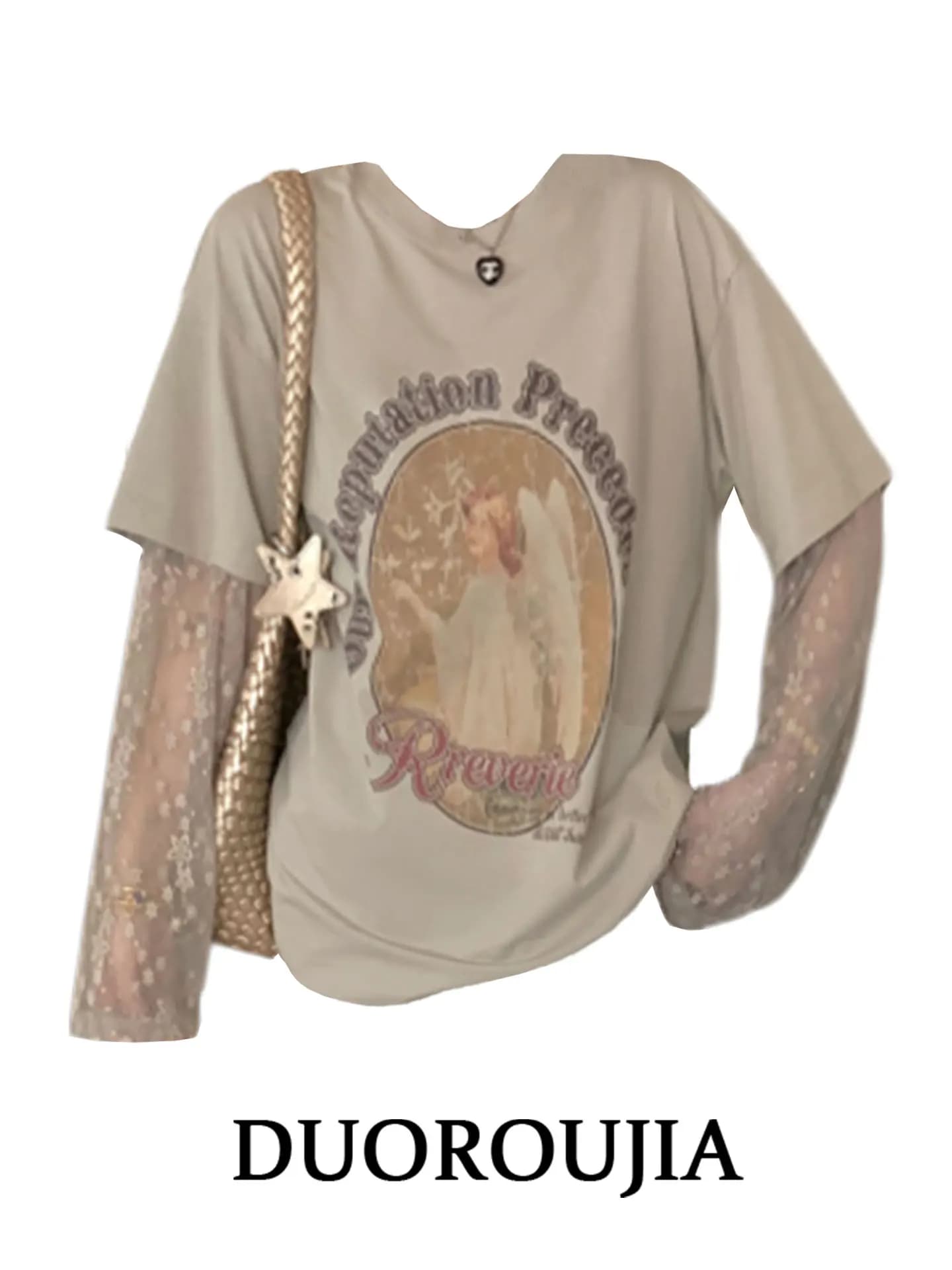 Women's long sleeve t-shirt with lace inserts, autumn design, slender effect, breathable, printed and perforated