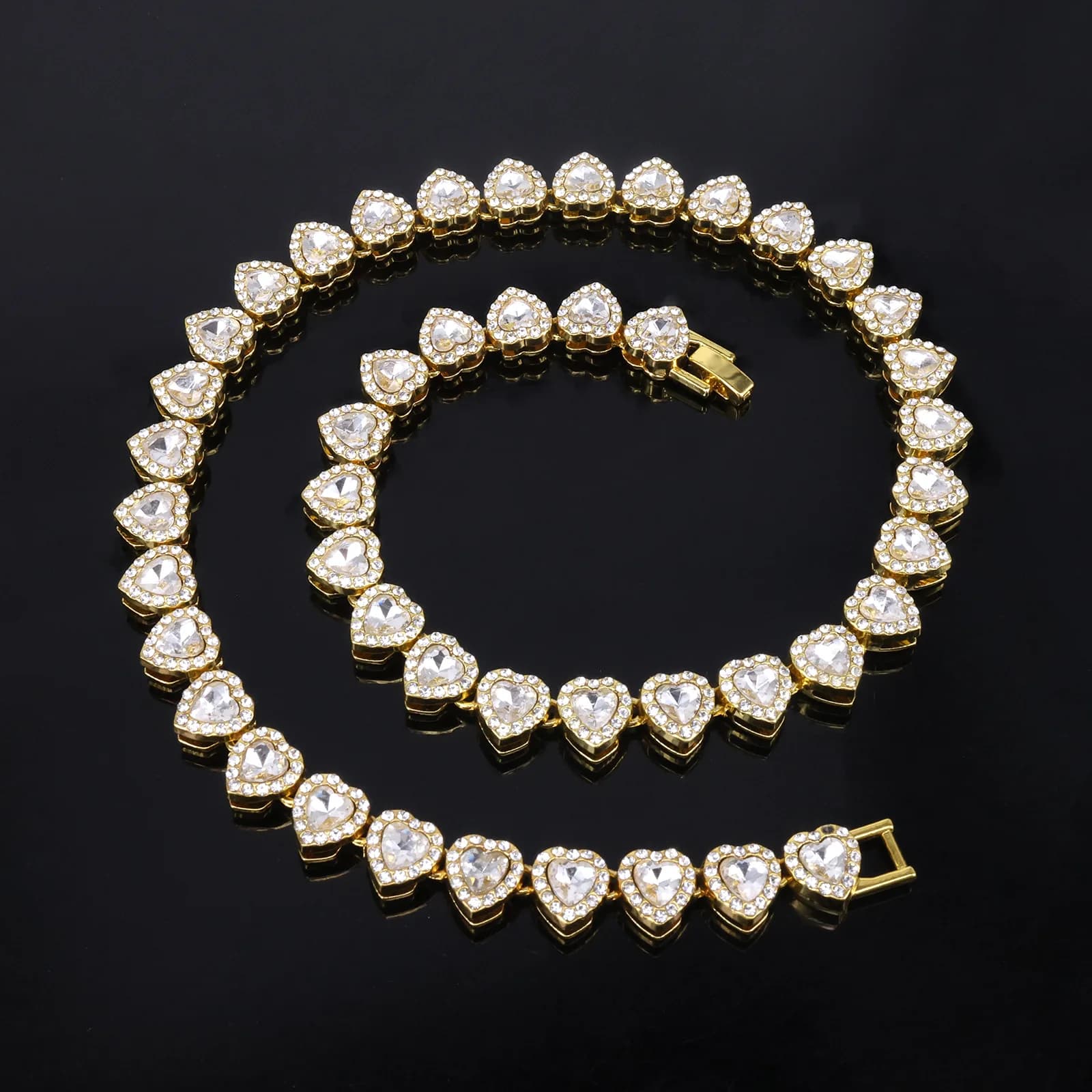 45CM Hip Hop Tennis Chain Necklace Bracelet Set Shiny Heart Rhinestone CZ Fashion Rock Party Jewelry