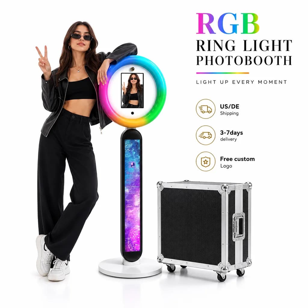 Cabina Fotografica Portatile per iPad con Controllo Remoto tramite APP, Supporto Selfie con Luce ad Anello RGB per Eventi Matrimoniali, Logo Personalizzabile Gratuito con Custodia