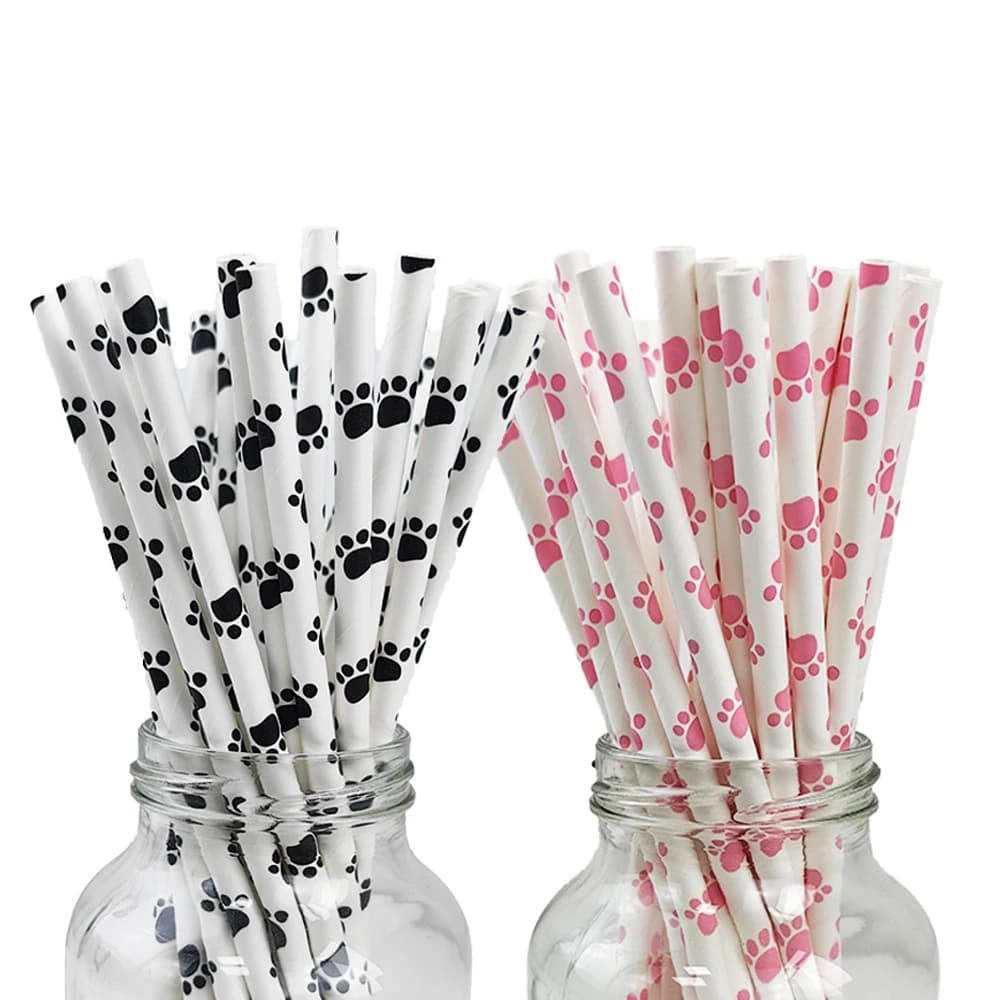 Cannucce in carta con stampa a zampa a tema cane Cannucce nere bianche rosa Forniture per feste di compleanno per ragazze e ragazzi Decorazione per baby shower