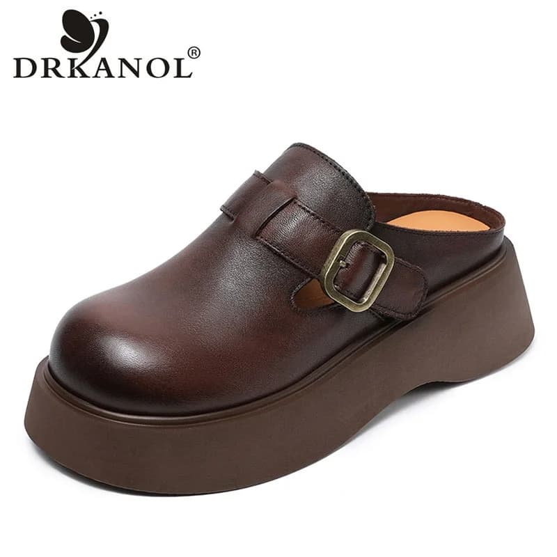 DRKANOL 2026 British Style Genuine Leather Chunky Platform Slippers Women Round Toe Casual Slides Wedges Slip On Slingback Shoes