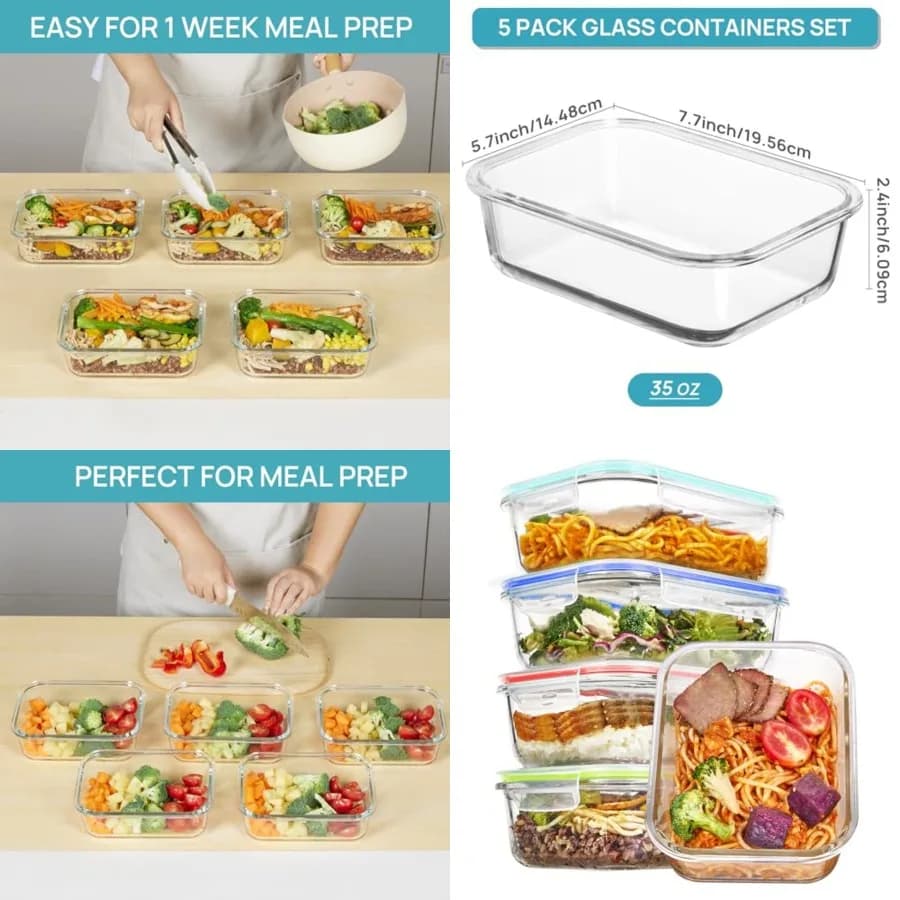 Set di 5 Contenitori in Vetro per Alimenti con Coperchi, Contenitori per Preparazione Pasti, Set di Contenitori Ermetici Riutilizzabili per Pranzo, Adatti per Forno e Microonde
