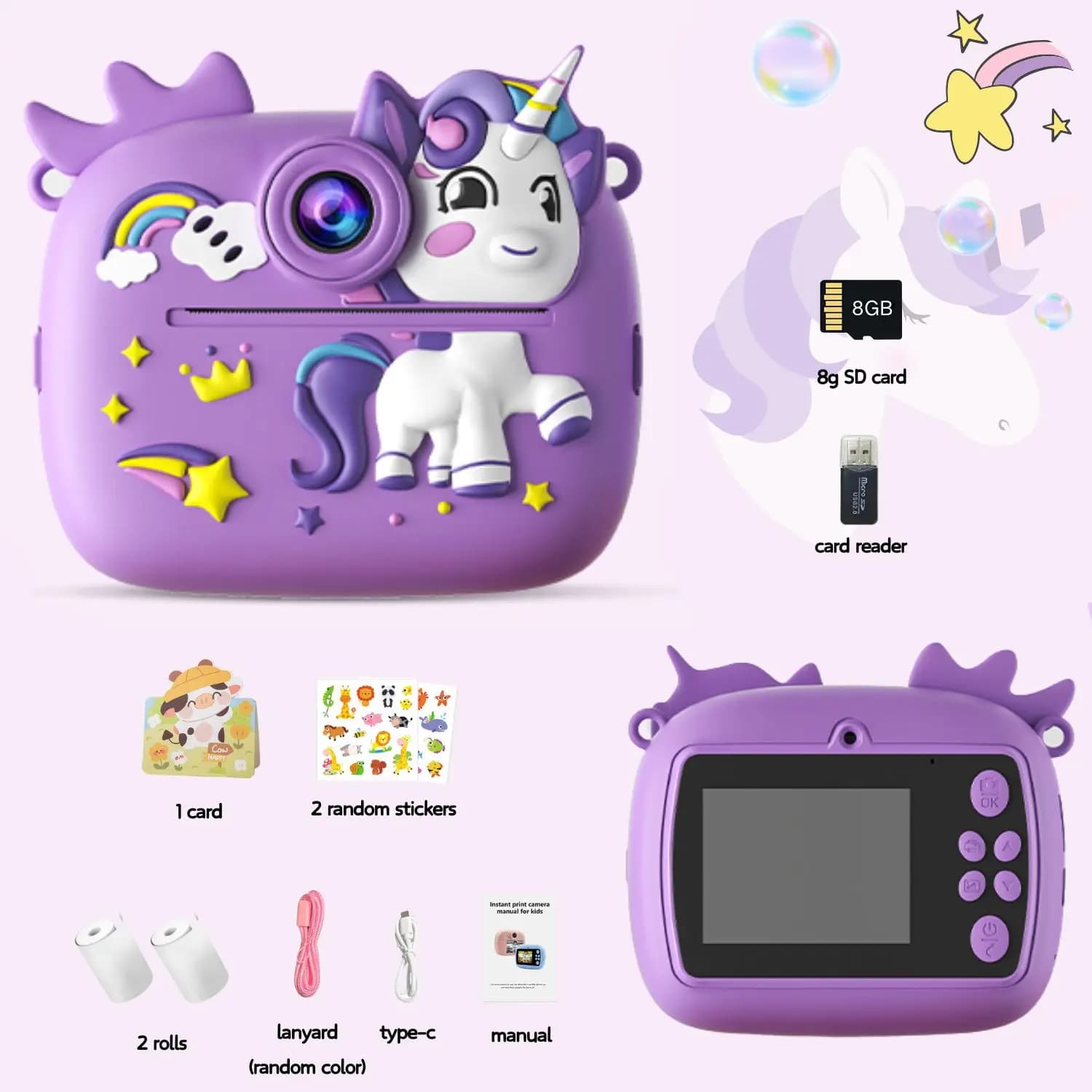 Small camera with colored instant print for cute purple kids with SD card Small camera for printing video with photo card Gift for boys girls