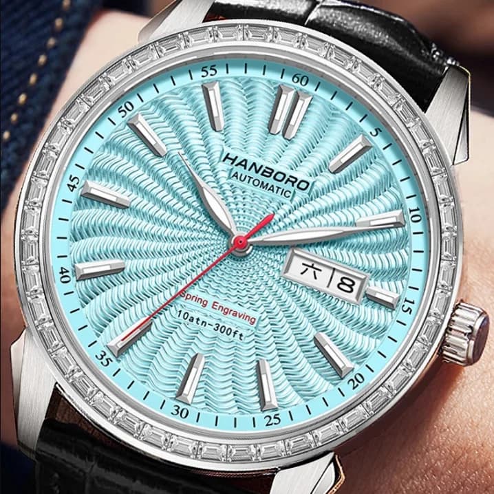 HANBORO Men Automatic Watch 42mm Mechanical Wristwatch Waterproof Luminous Sapphire Mirror 24 Hours Date Miyota 8217 Spiral Dial