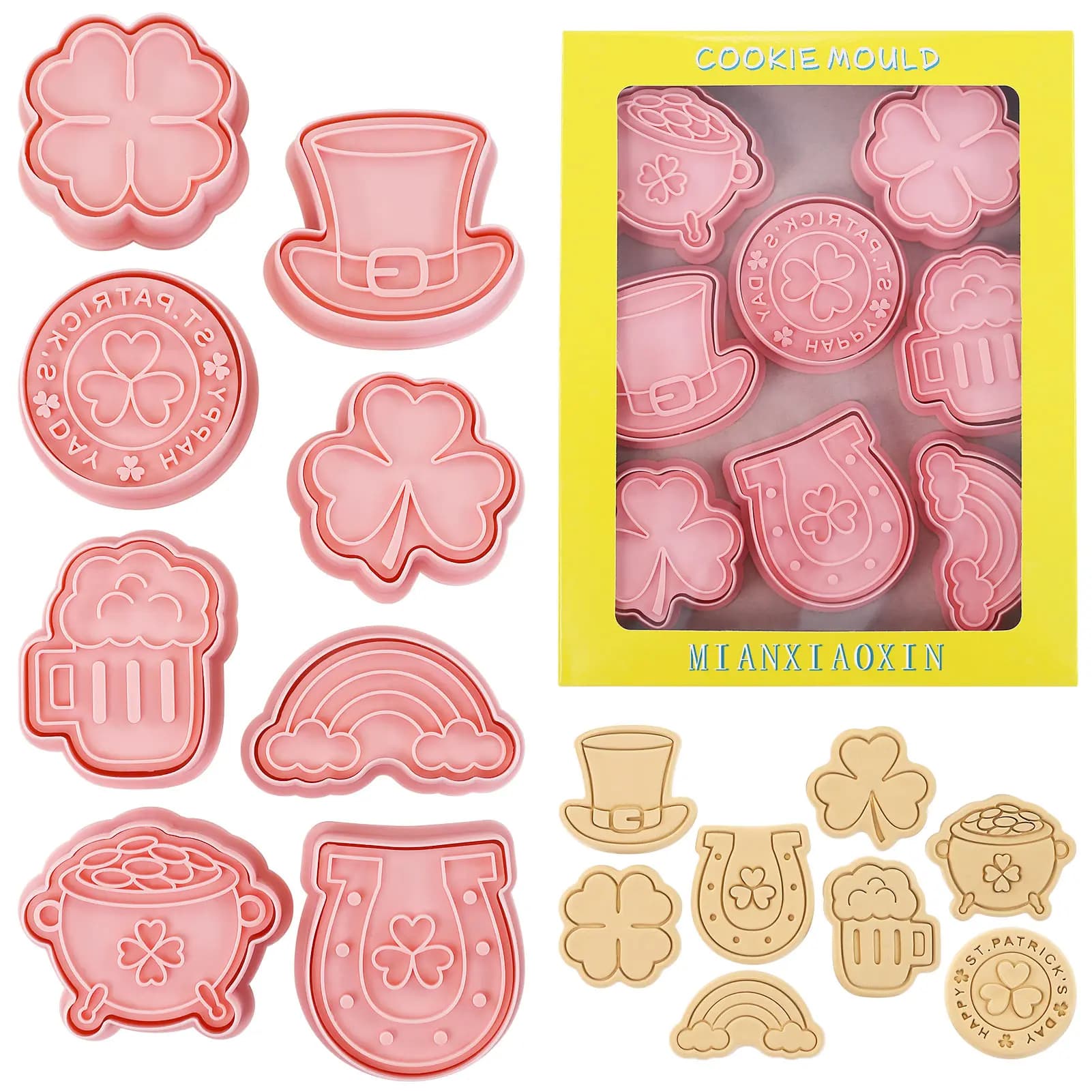 8 pezzi formine per biscotti per il giorno di San Patrizio trifoglio 3D, quadrifoglio, ferro di cavallo, tazza di birra, arcobaleno, stampi per biscotti a forma di cappello a cilindro